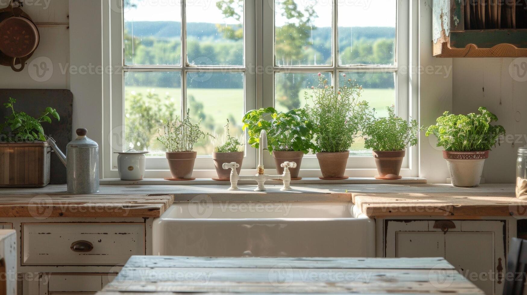 In the kitchen a farmhouse sink sits below a charming window with views of the rolling hills while aged distressed cabinets and a wooden dining table contribute to the rustic charm photo