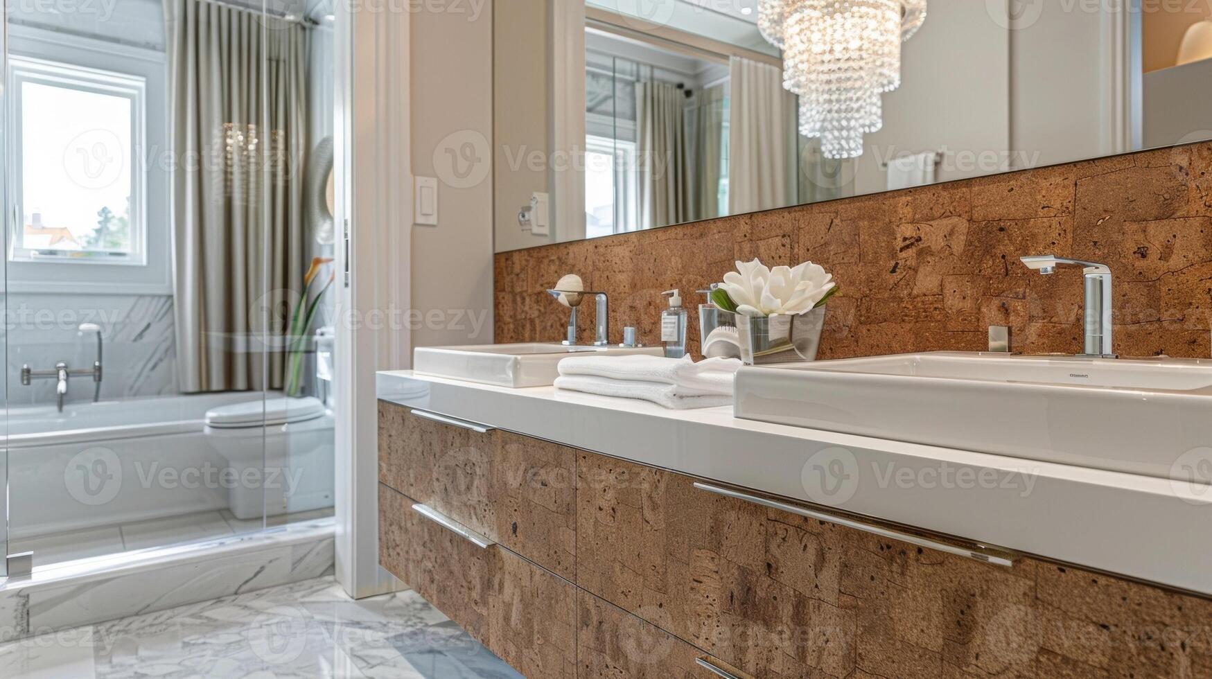 A bathroom featuring a unique cork vanity complete with a porcelain sink and sleek silver fixtures. The warm earthy tones of the cork are complemented by the marble flooring and a photo
