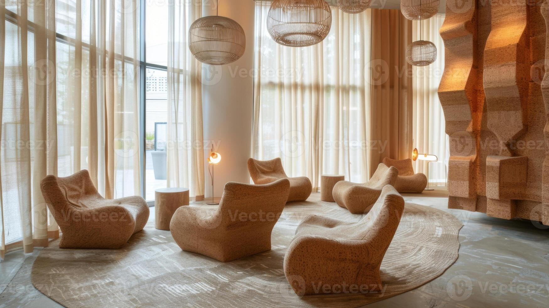 The room was filled with soft furnishings from the corkupholstered chairs to the curtains made of soundabsorbing cork fabric. The surfaces provided both visual interest and acoustic photo