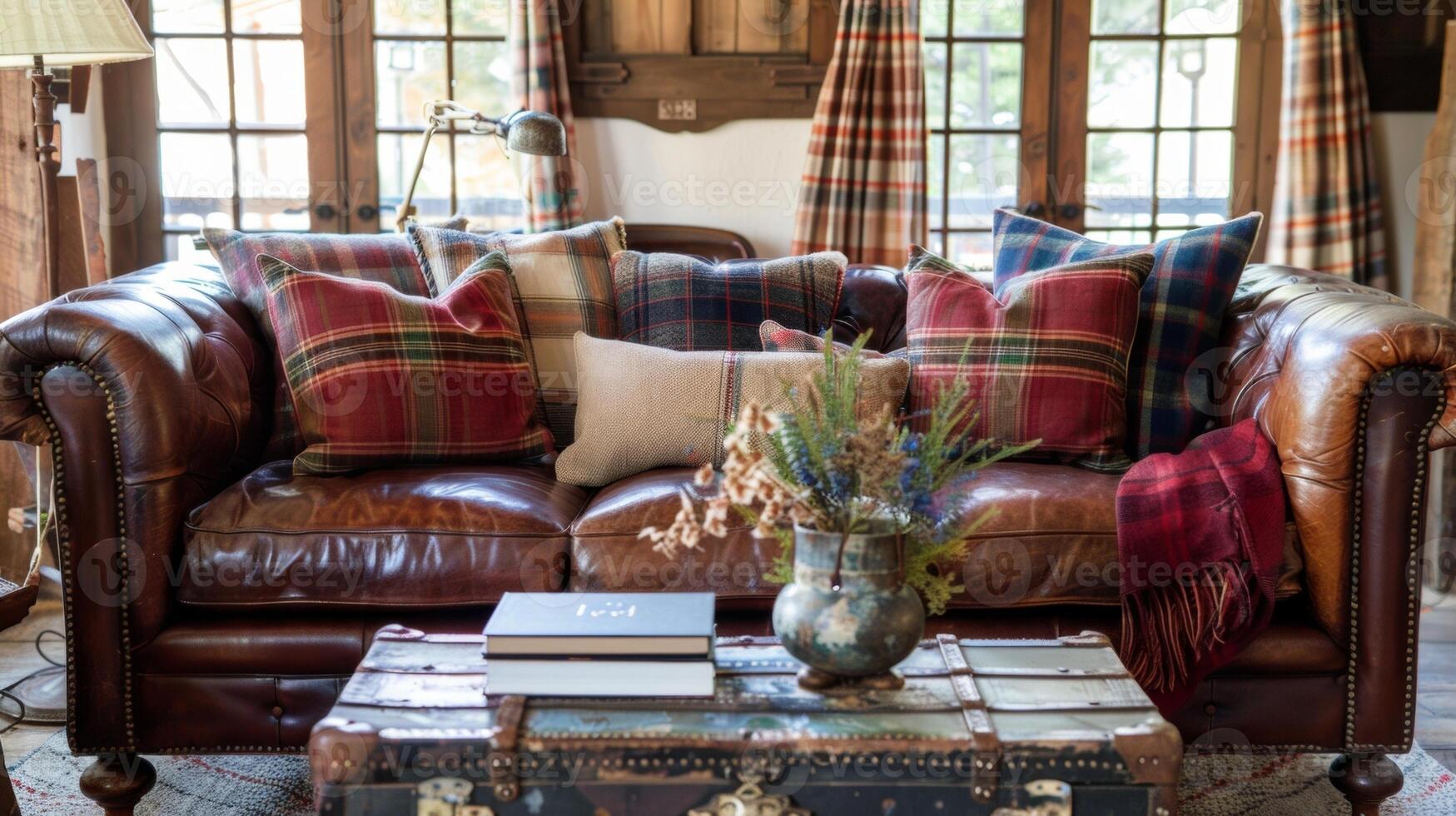 A cozy corner of the room features a leather sofa adorned with plaid pillows and a vintageinspired trunk coffee table giving off a warm and inviting ambiance. photo