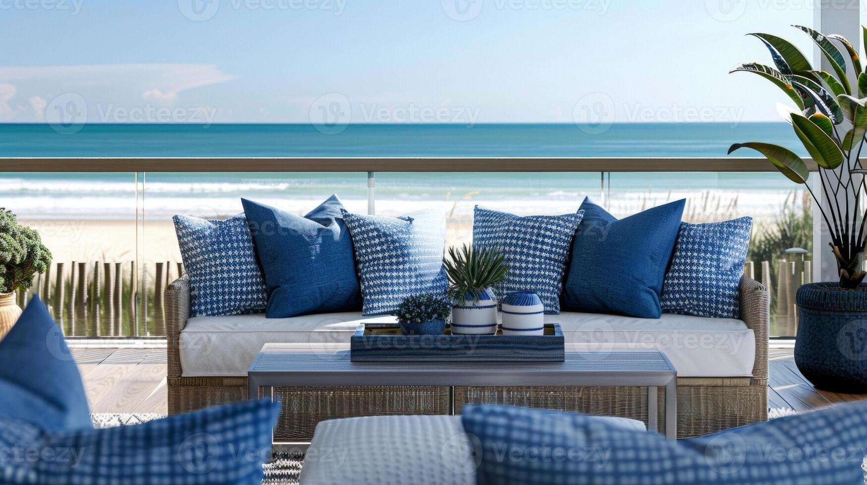 As you step out onto the balcony you are greeted with stunning views of the beach and ocean. The outdoor seating area is adorned with plush blue and white cushions creating the perfect photo