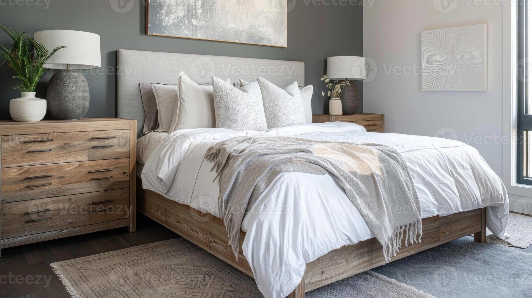 The bedroom exudes a serene atmosphere with a soft matte gray color palette. The bed is adorned with a plush white duvet which contrasts against the matte gray walls. The natural wood photo