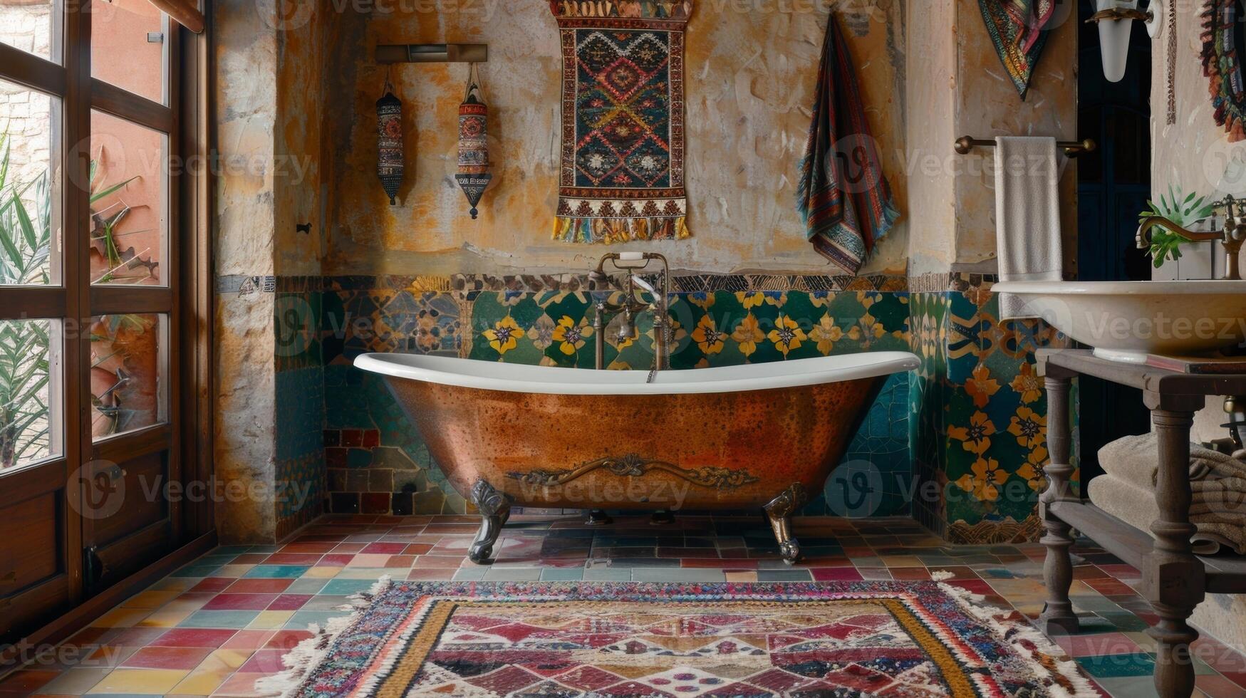 A bathroom with a mix of unconventional patterns and textures creating a bohemian sanctuary. The walls are covered in a mosaic of patterned Moroccan tiles while a clawfoot bathtub photo