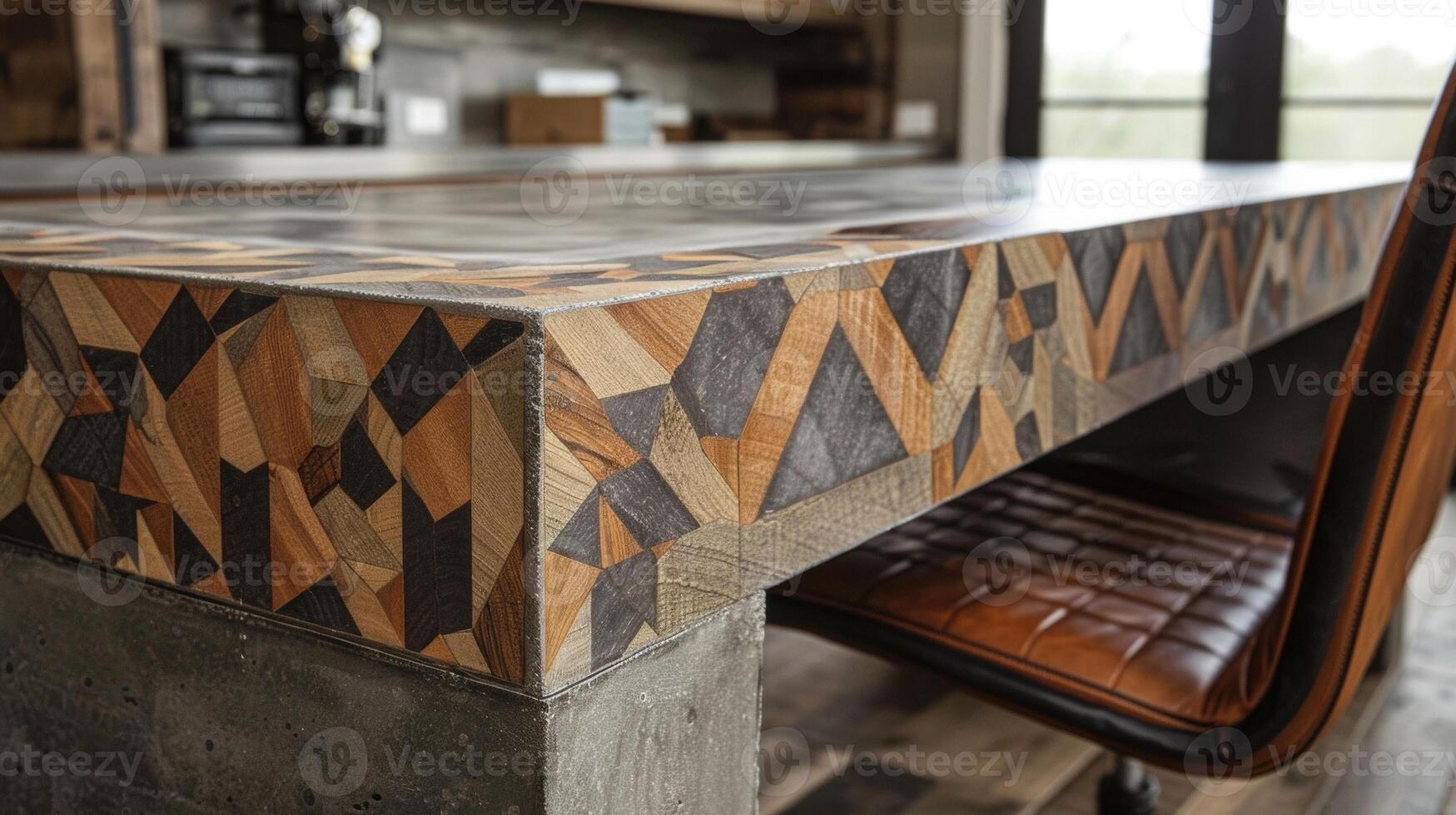 A home office showcases a custom concrete desk with a geometric patterned inlay made of wood. The fusion of these two materials creates a stunning and functional workspace that is photo