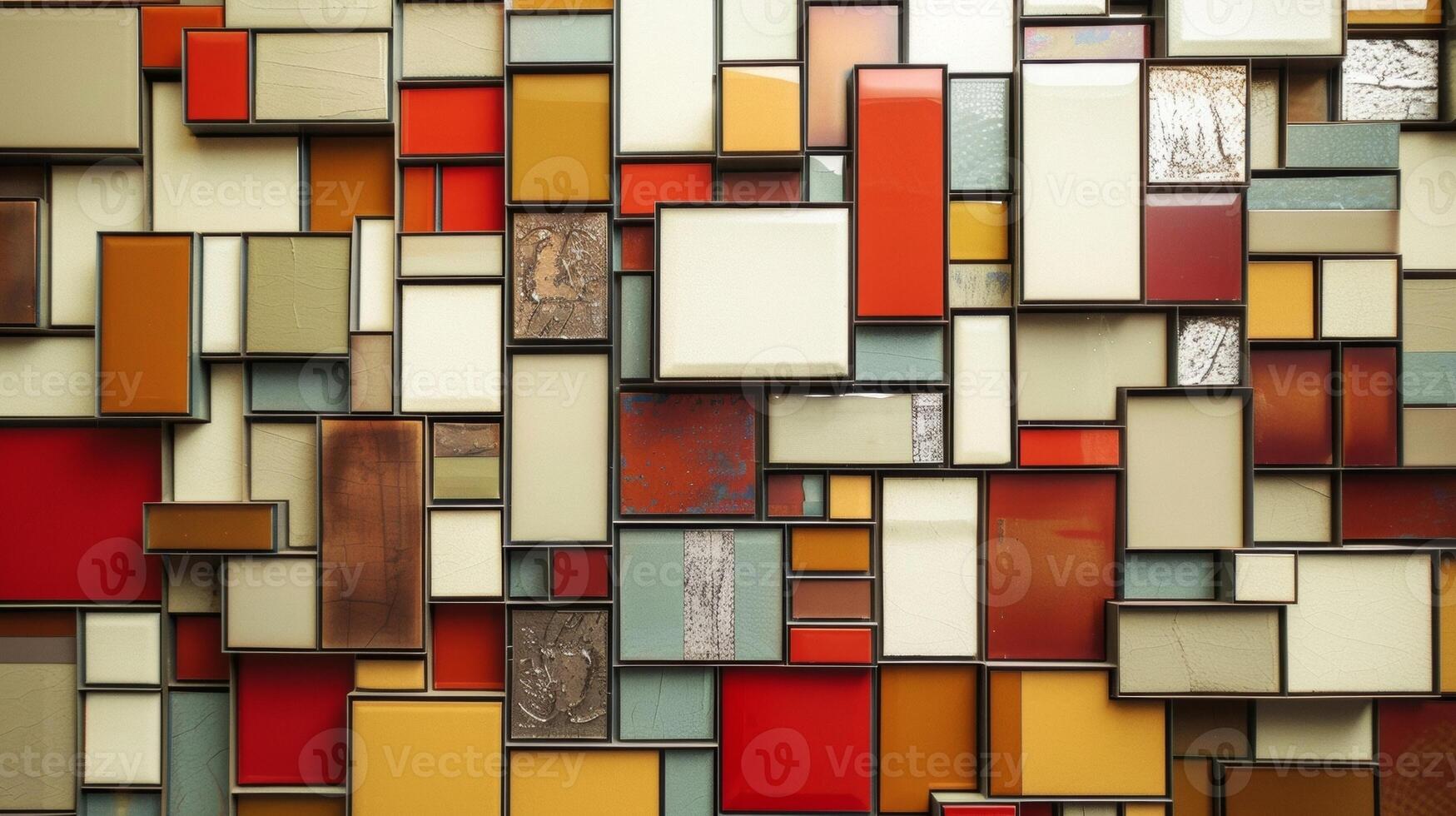 Overlapping rectangles and squares of varying sizes and hues cover the walls adding a burst of color to the previously neutral space. Some shapes are smooth and glossy while others photo