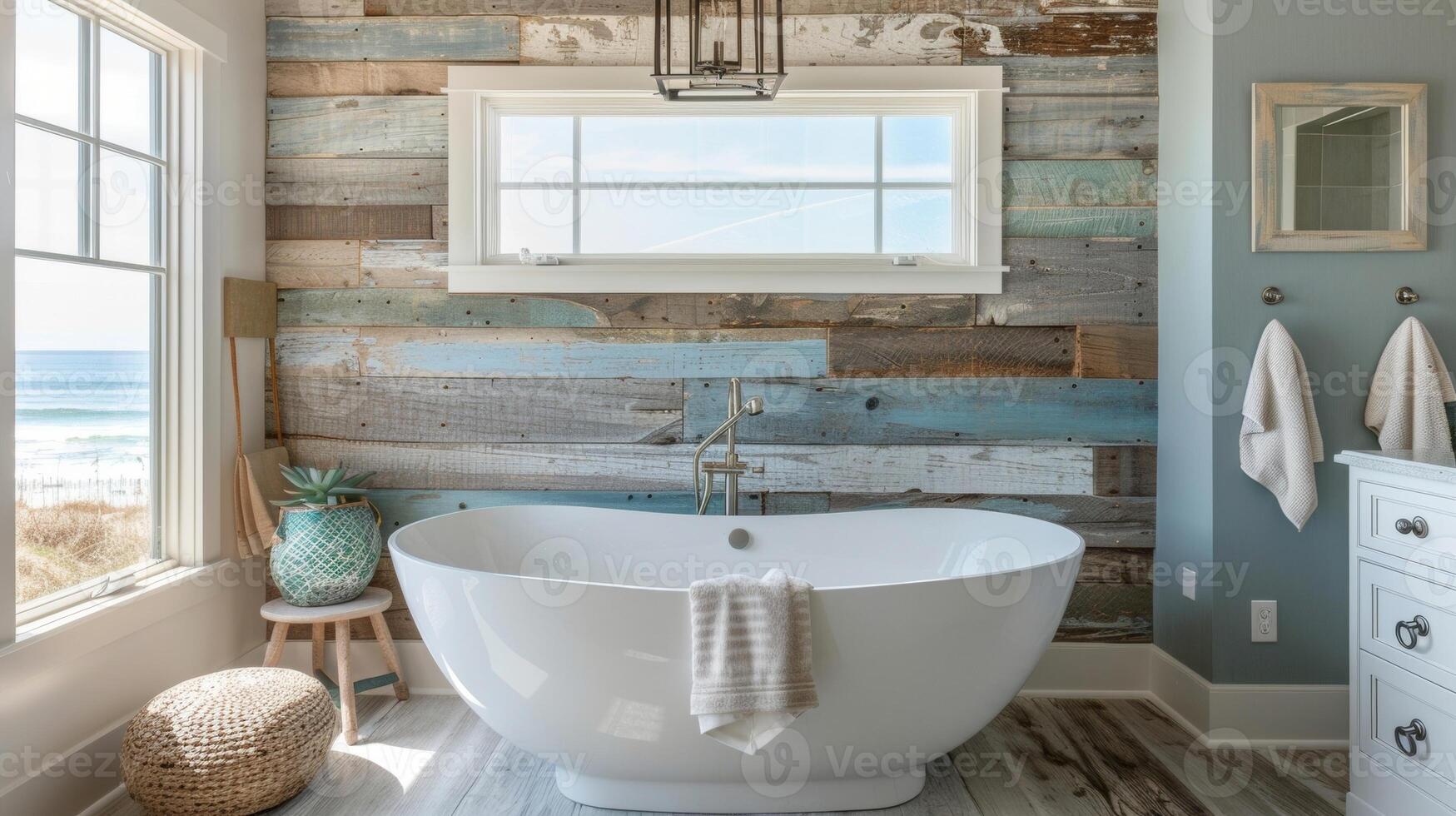 The bathroom in the Nautical Beach House is a peaceful oasis with a calming color palette of soft grays and aqua blue. The highlight of the space is a statement wall made of reclaimed photo