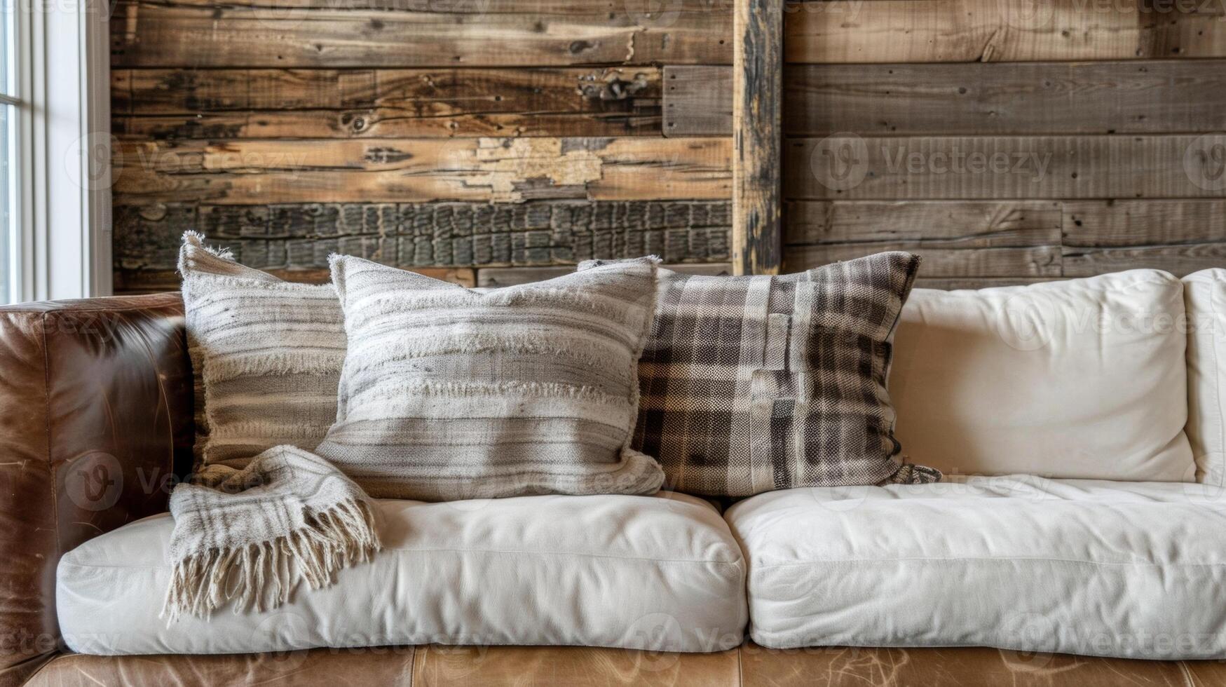 A comfortable oversized leather sofa is situated in front of a backdrop of weathered log wood paneling. The neutral tones of the wood create a cozy and inviting atmosphere perfect photo
