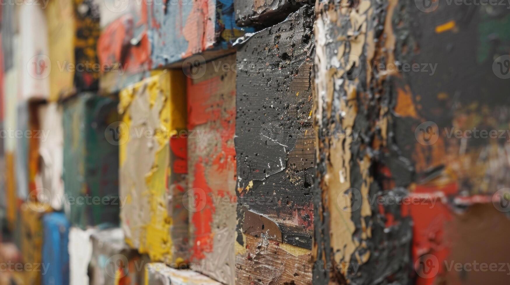 In the corner of the room stands a series of smaller canvases each one showcasing a different type of paint texture. From crackled and peeling to smooth and glossy the textures seem photo