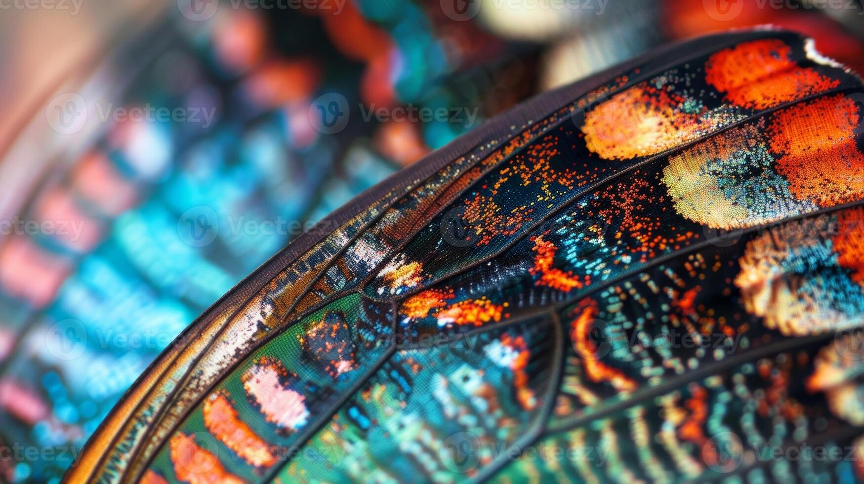 An intricate image of a butterfly wing showcasing the vibrant patterns and colors in its delicate scales almost appearing like a mosaic. photo