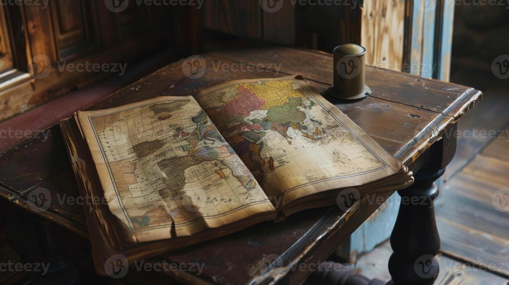In the corner of the room a wooden side table is adorned with an oldfashioned atlas od to a page showing a detailed map of Europe. The yellowing pages and frayed edges add to its vintage photo