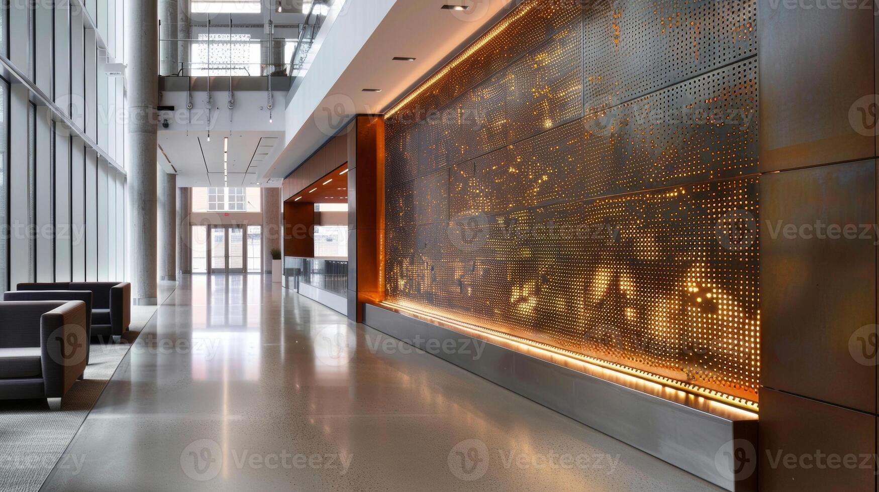 In a commercial space large panels of perforated metal are used to create a dynamic feature wall with hidden LED lights enhancing the textural depth and adding a unique touch to the photo