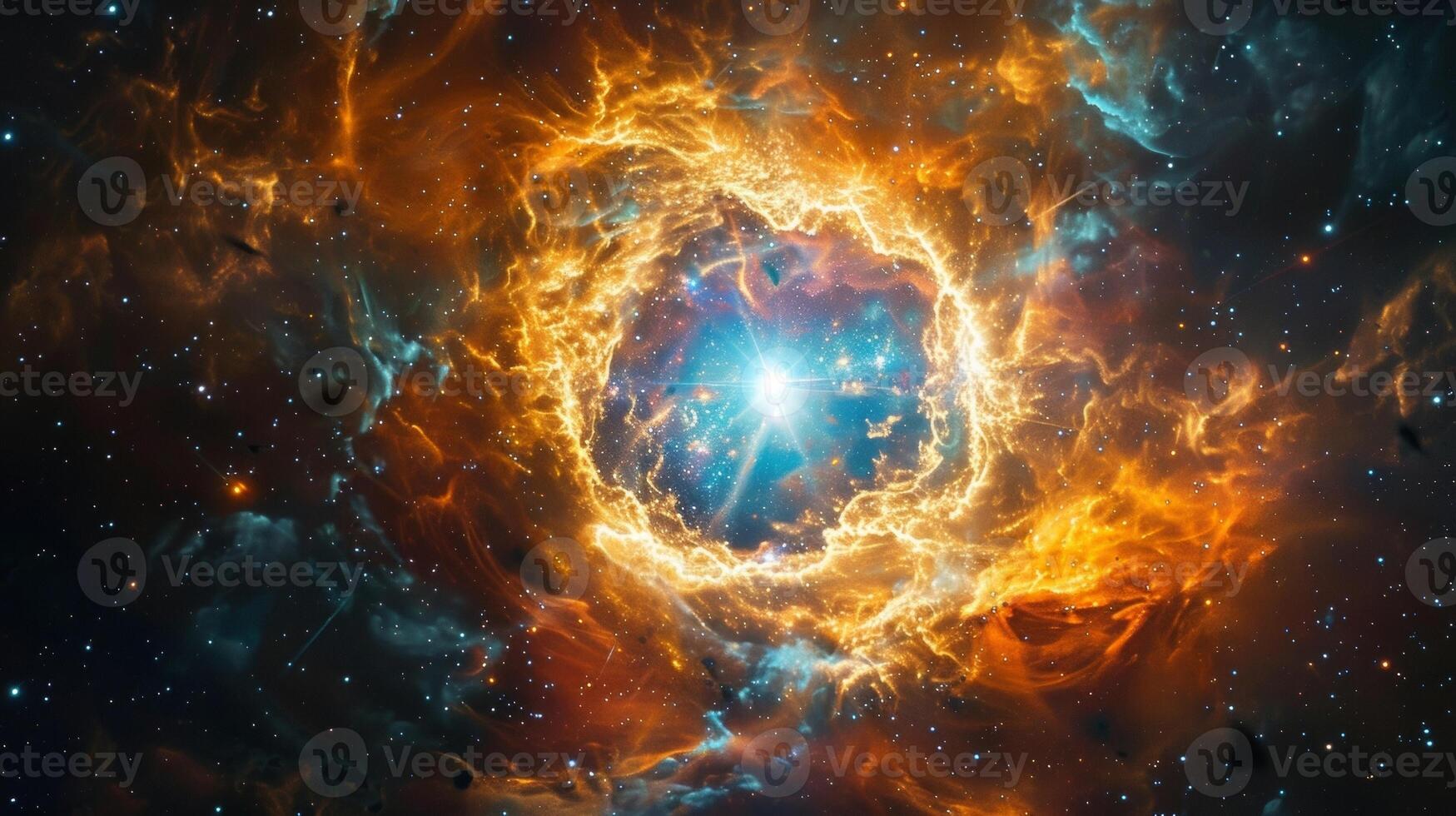 A closeup of a supernova the explosion of a dying star. The intense burst of light and energy creates a dazzling display with swirls of gas and dust being thrown out into space in photo
