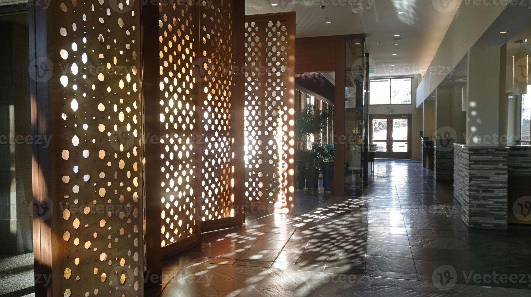 Utilizing a mix of solid and perforated metal the room dividers feature a geometric pattern that adds visual interest to the space. The light filtering through the perforations casts photo