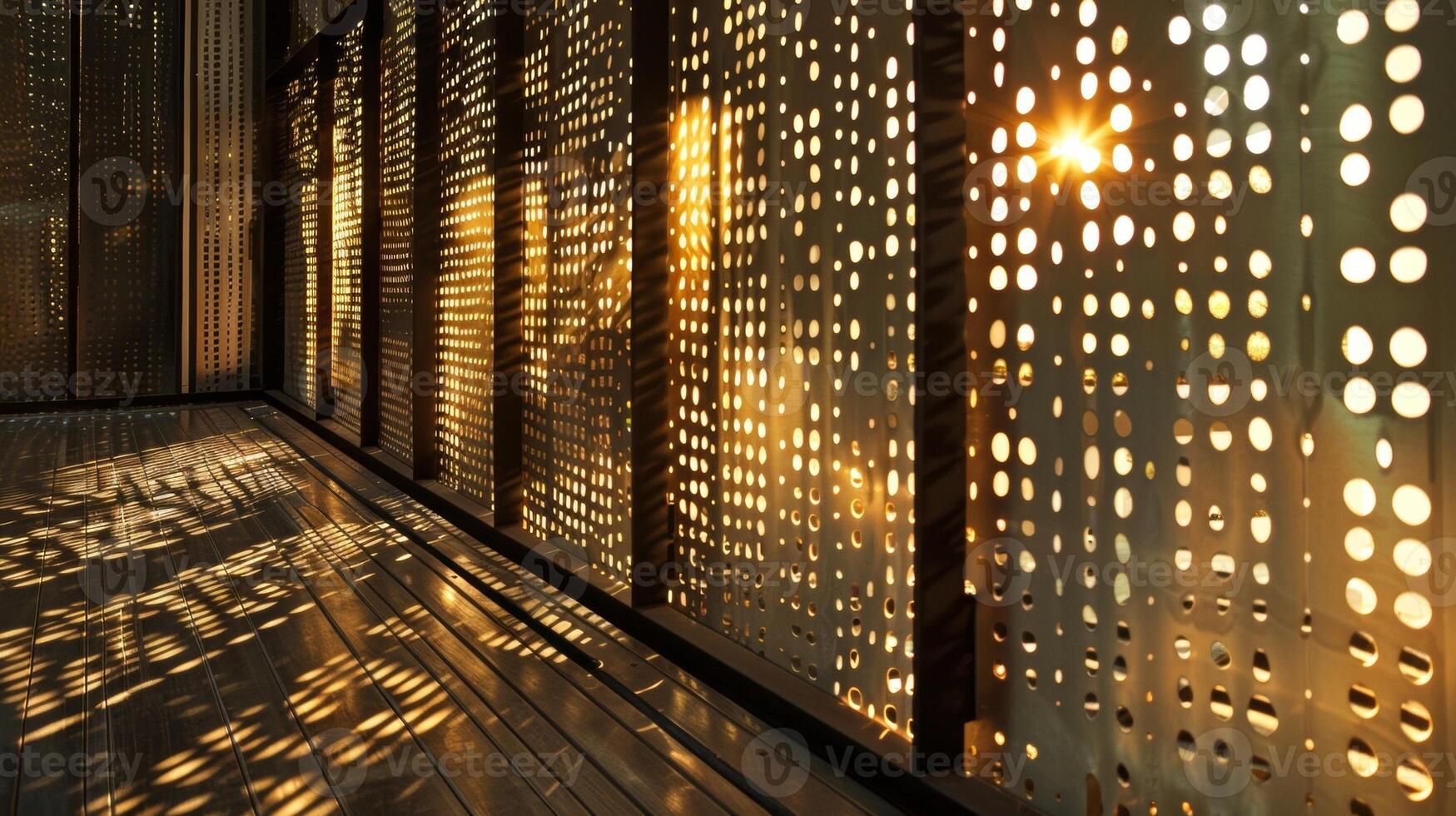 As the light filters through the perforated holes in the metal sheets it creates a beautiful dance of light and shadow on the surrounding surfaces adding depth and interest to the photo