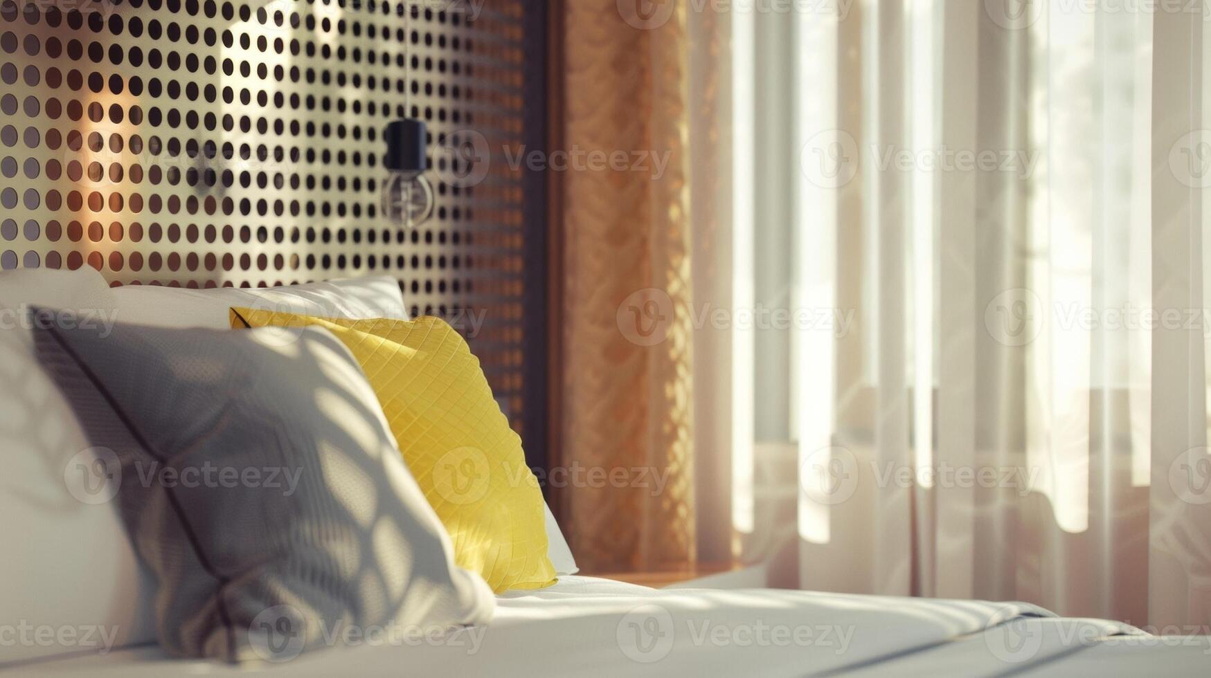 A minimalist bedroom is brought to life with a perforated metal headboard adding texture and depth to the otherwise simple and clean design. photo