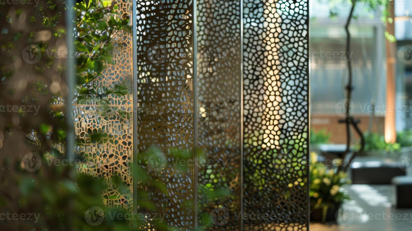 The perforated metal sheets are not just functional as room dividers but also serve as unique pieces of artwork. The intricate patterns and precise perforations are visually striking photo