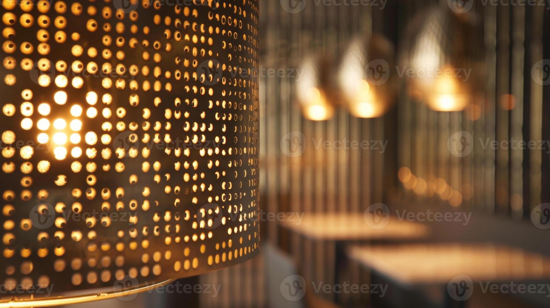 The metal perforated lampshade gleamed in the ambient light adding a touch of modern elegance to the room. The play of light through the intricate perforations created a mesmerizing photo