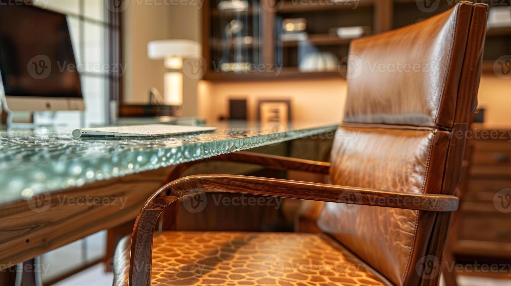 The home office desk is given a stylish and sustainable upgrade with a recycled glass countertop in warm earth tones. The unique and varied patterns within the glass create a rich photo