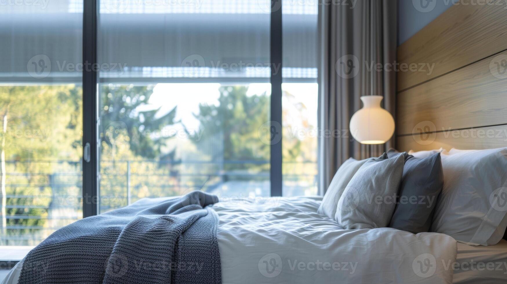 A bedroom with smart glass windows adjusted to a dark tint providing privacy and keeping out harsh sunlight during daytime hours. This helps maintain a consistent temperature in the photo