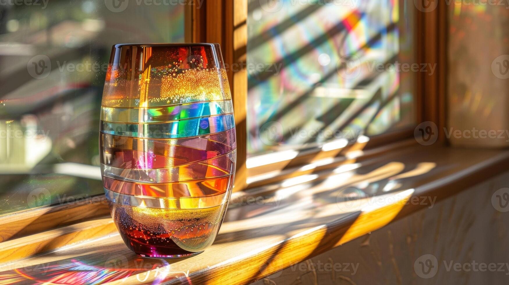 A vase made entirely from recycled glass stands tall on a shelf catching the sunlight and casting a rainbow of colorful reflections around the room. photo