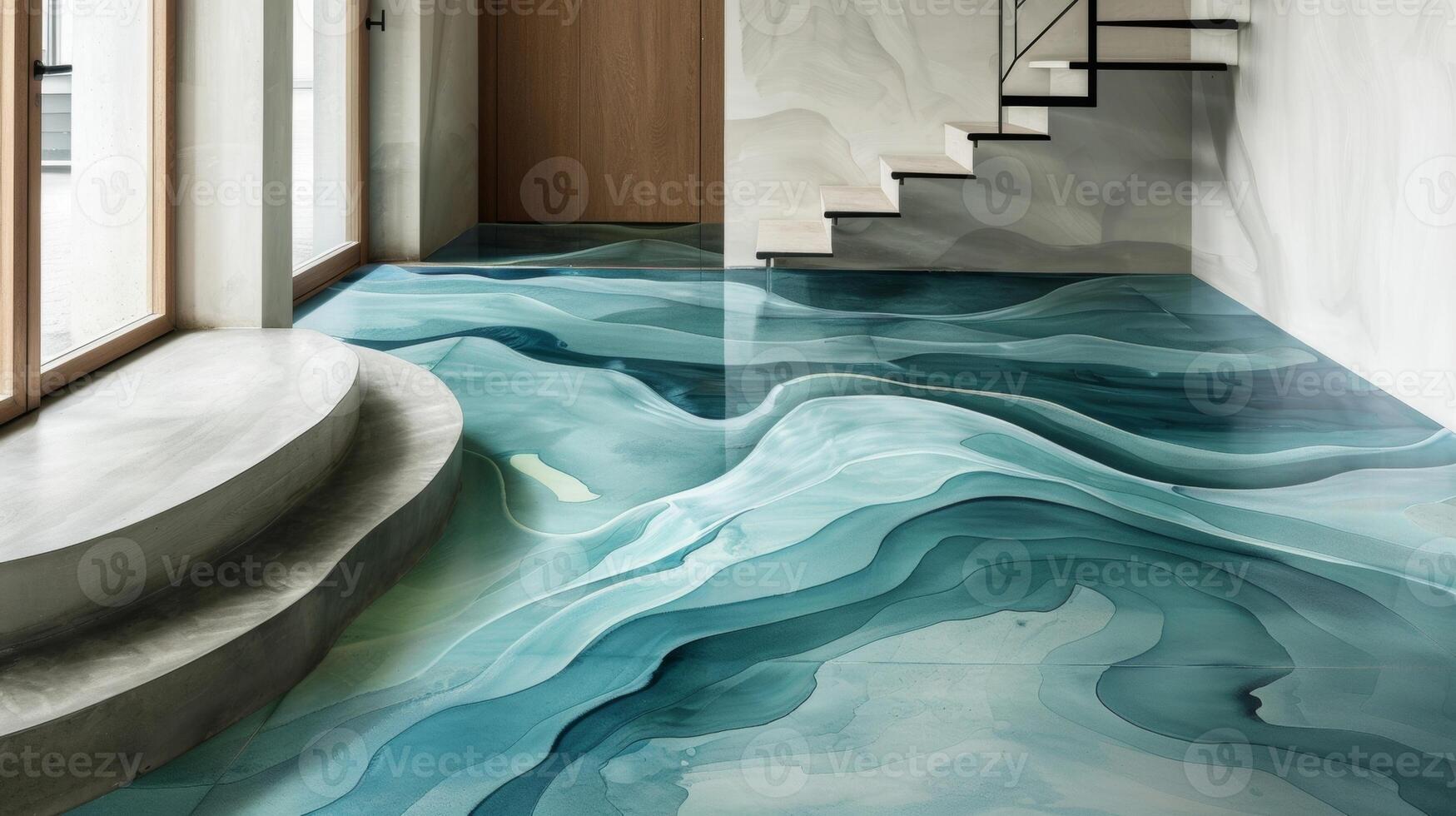 Large irregular shapes in shades of blue and green are handpainted on the floor mimicking the fluidity of water. The organic forms and soothing colors bring a calming and serene photo
