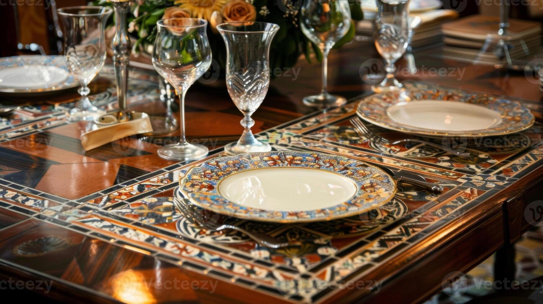 The dining room is a showcase of timeless beauty with a tabletop adorned with vintage tiles. The intricate patterns on each tile create a stunning mosaic making every meal feel like photo