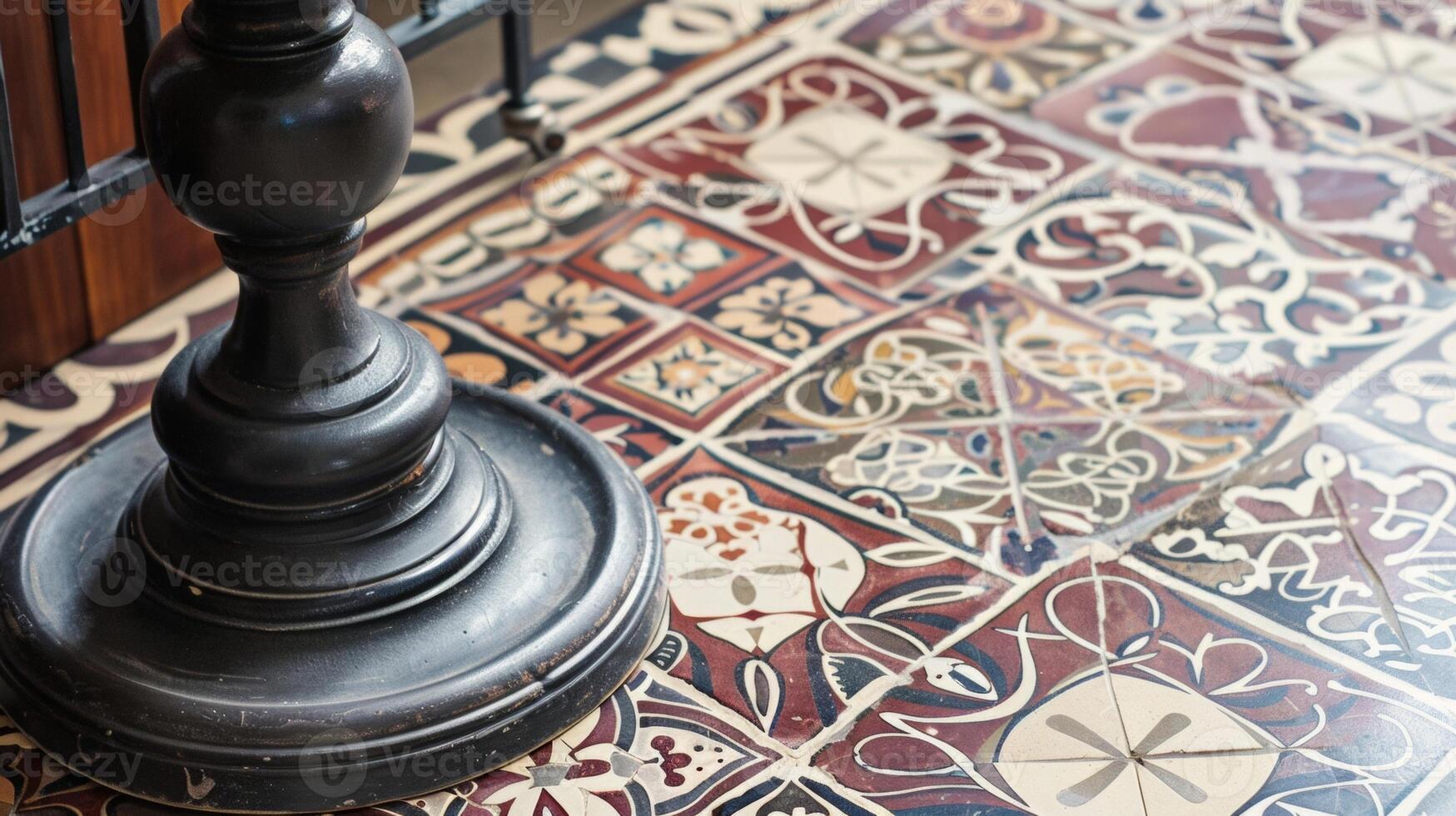 The patterned mosaic tiles on the floor in shades of cream burgundy and navy add another layer of visual interest to the vintage Victorian interior. The geometric and floral designs photo