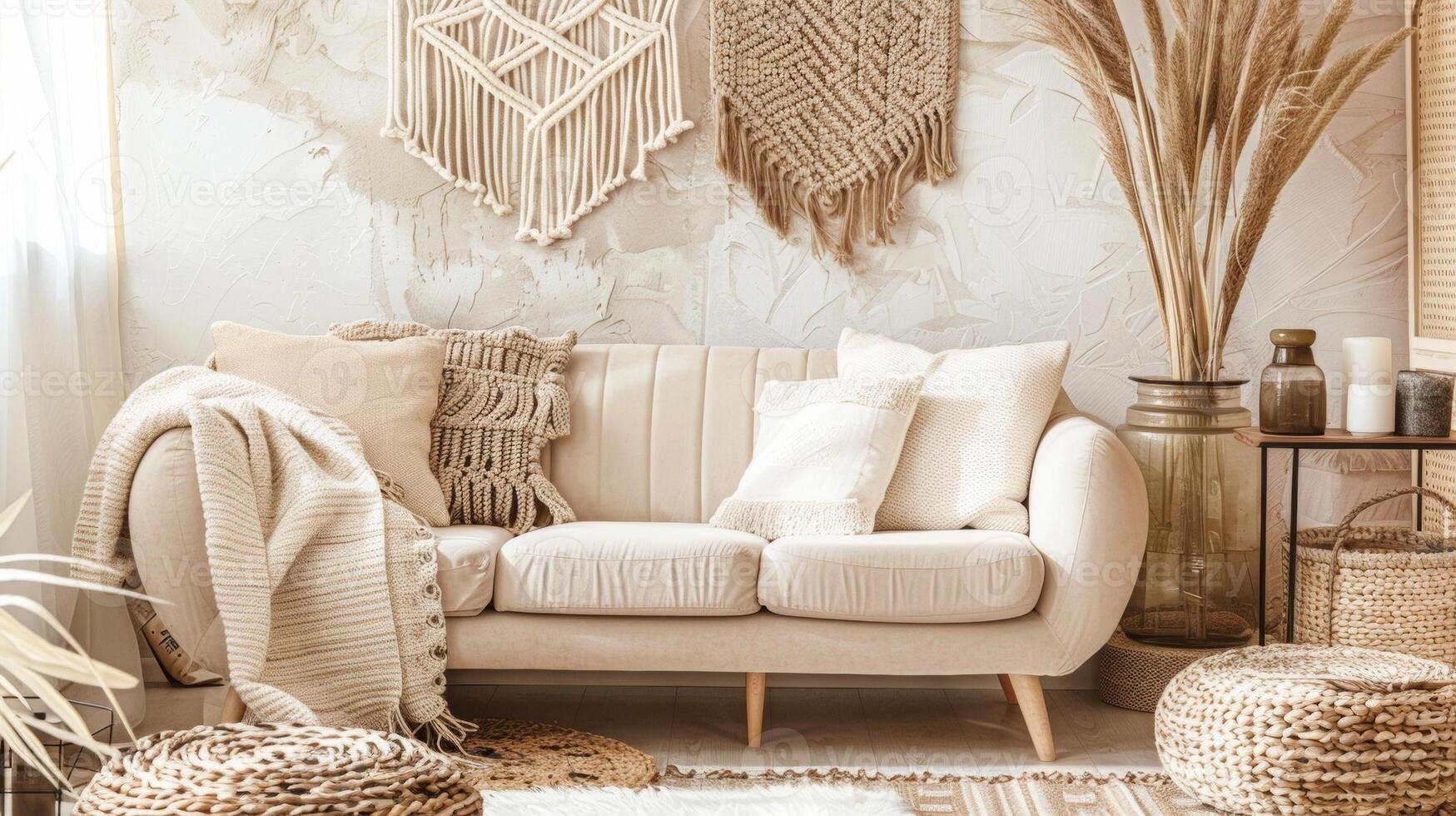 Lastly the sixth image brings us into a cozy and eclectic living room thanks to the use of a textured bohemian wallpaper. The varied textures such as macrame and woven patterns give photo