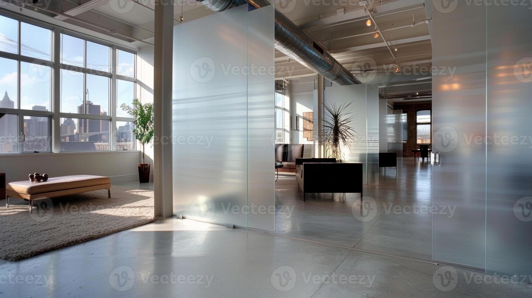 The expansive loft boasts high ceilings and an abundance of natural light further amplified by the use of frosted glass room dividers. The translucent panels add visual interest and photo