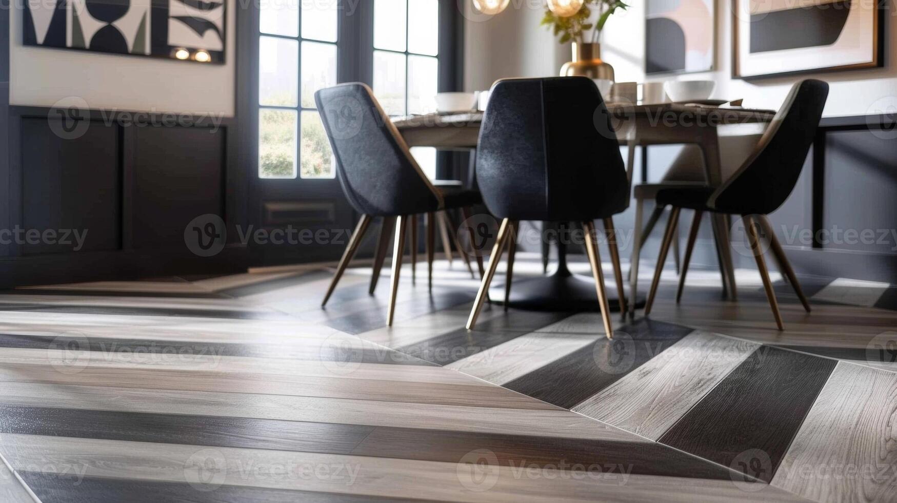 A modern dining room showcasing the versatility of LVT with a mix of black and white geometric tiles and a woodlook plank in a herringbone pattern. The bold contrast of colors and photo