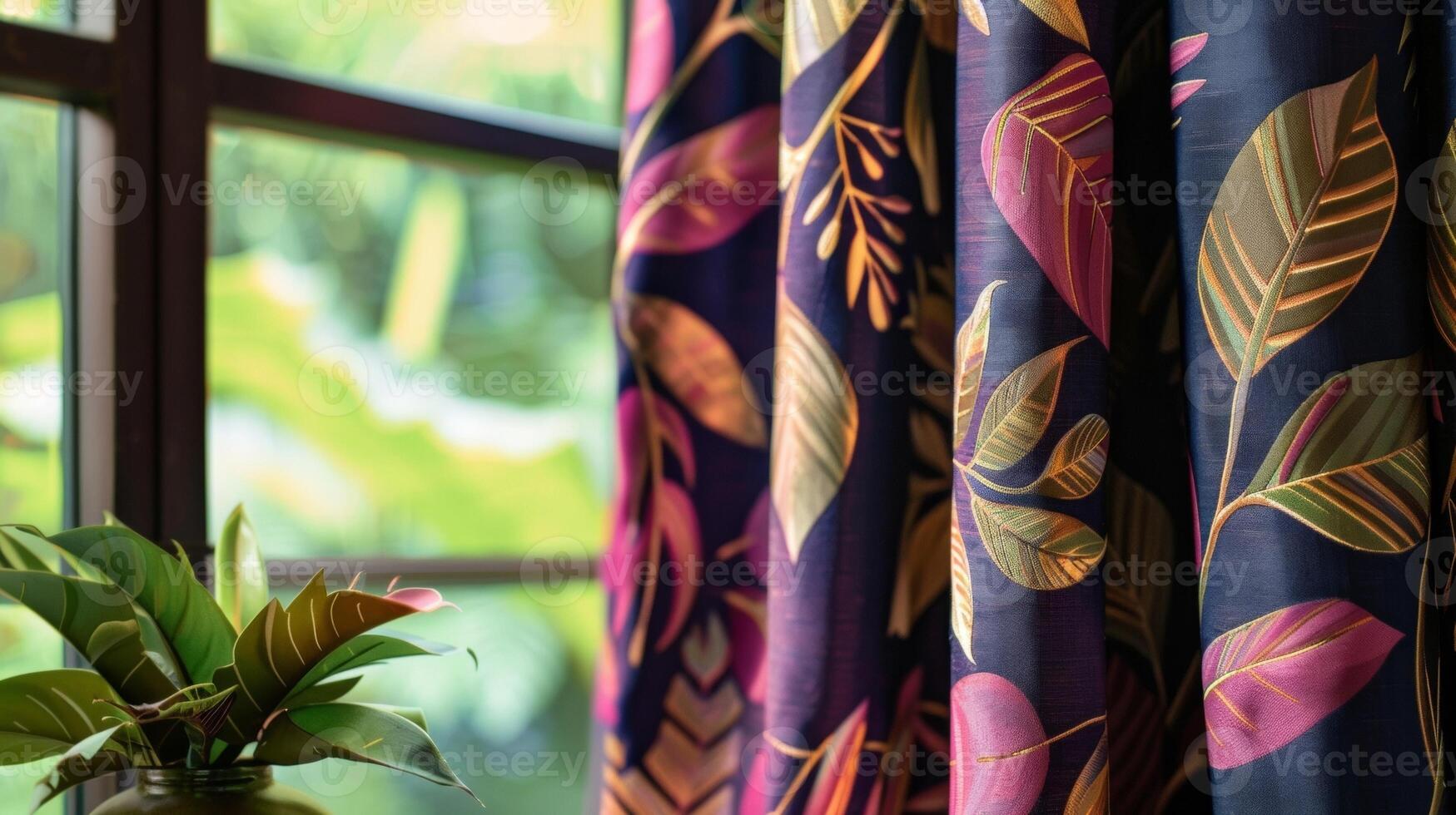 The curtains dd behind the cashiers desk are made of airy fabric with a bold leafy pattern in shades of magenta indigo and gold. They allow glimpses of the lush greenery outside to photo