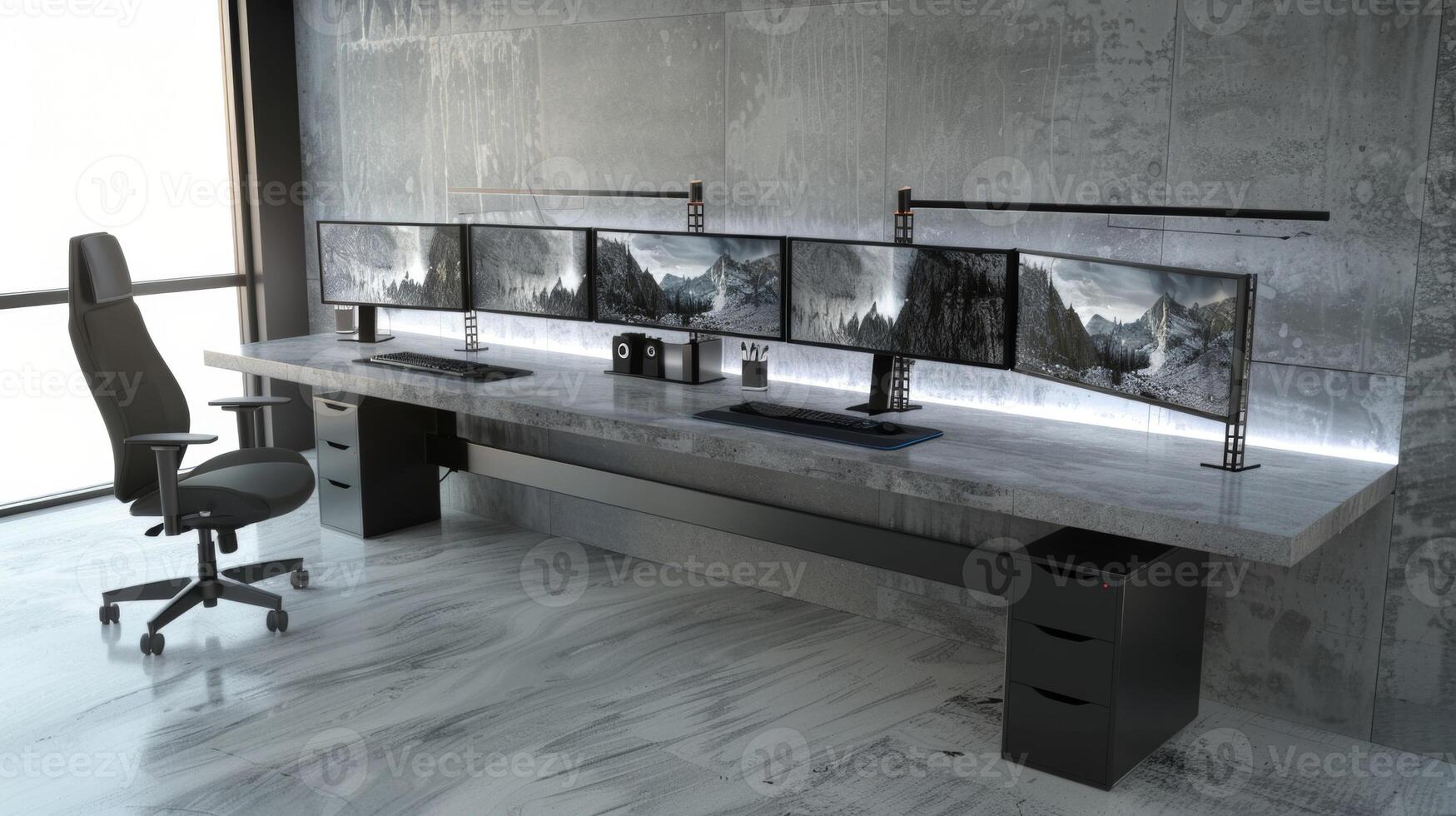 The main work area boasts a large concrete desktop supported by sleek metal legs. The desktop offers ample space for multiple monitors and storage while a concrete shelf above provides photo