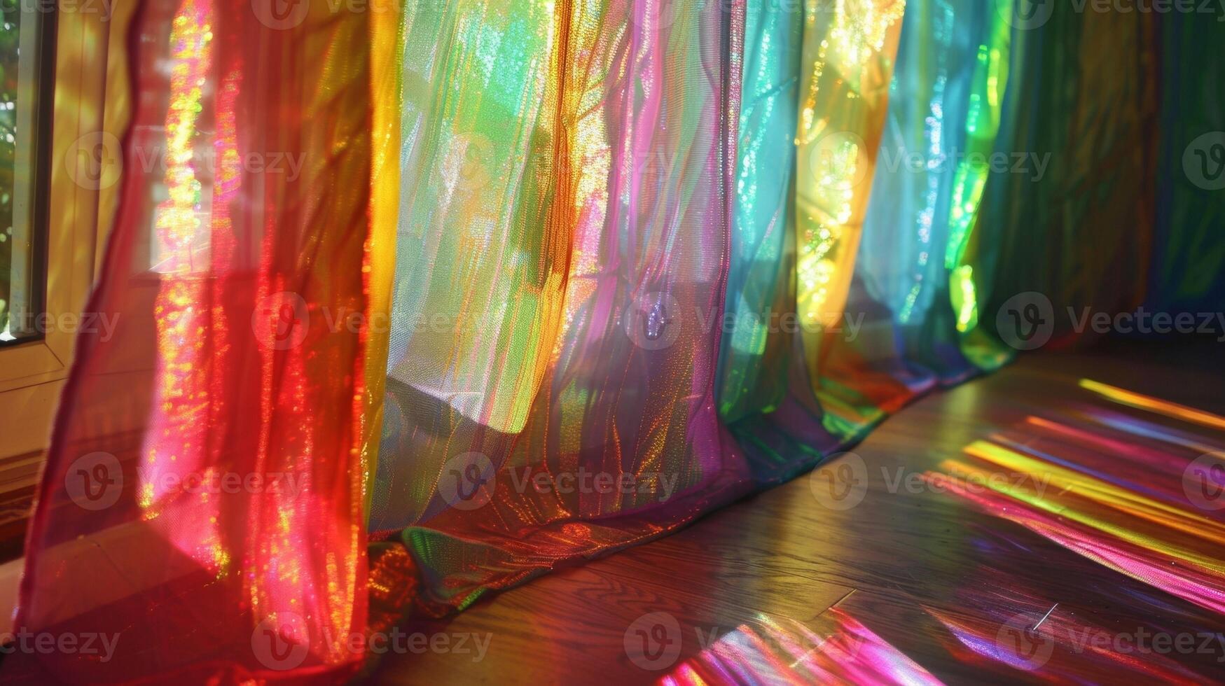 Shimmering Curtains The curtains framing the windows are made of a holographic material adding a touch of magic to the room. As the sunlight filters through the curtains cast photo