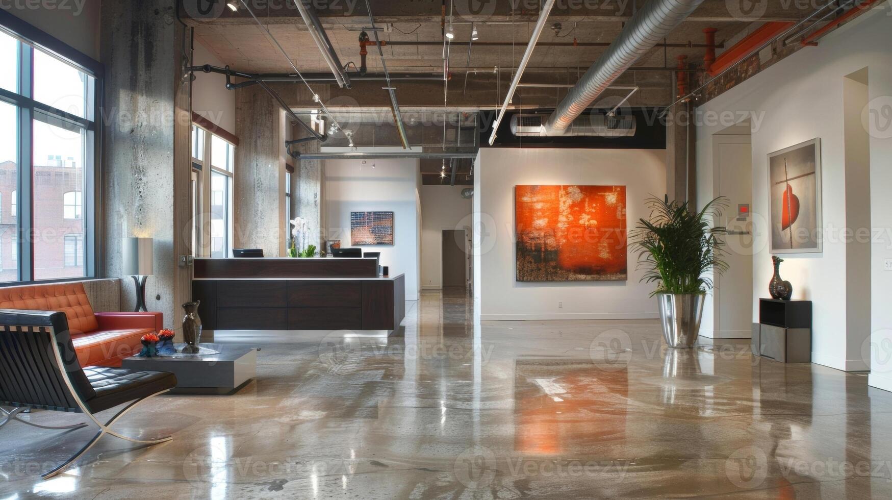 A concrete ceiling with exposed beams gives this office a warehouselike feel while the polished concrete floors add a touch of elegance. The walls are kept simple with a fresh coat photo