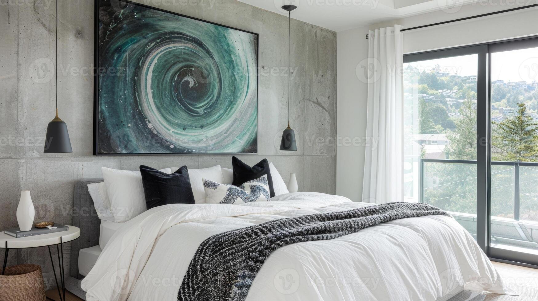 In the bedroom a concrete feature wall is adorned with a large contemporary art piece depicting swirling shades of blues and greens. The bed is dressed in crisp white linens and accented photo