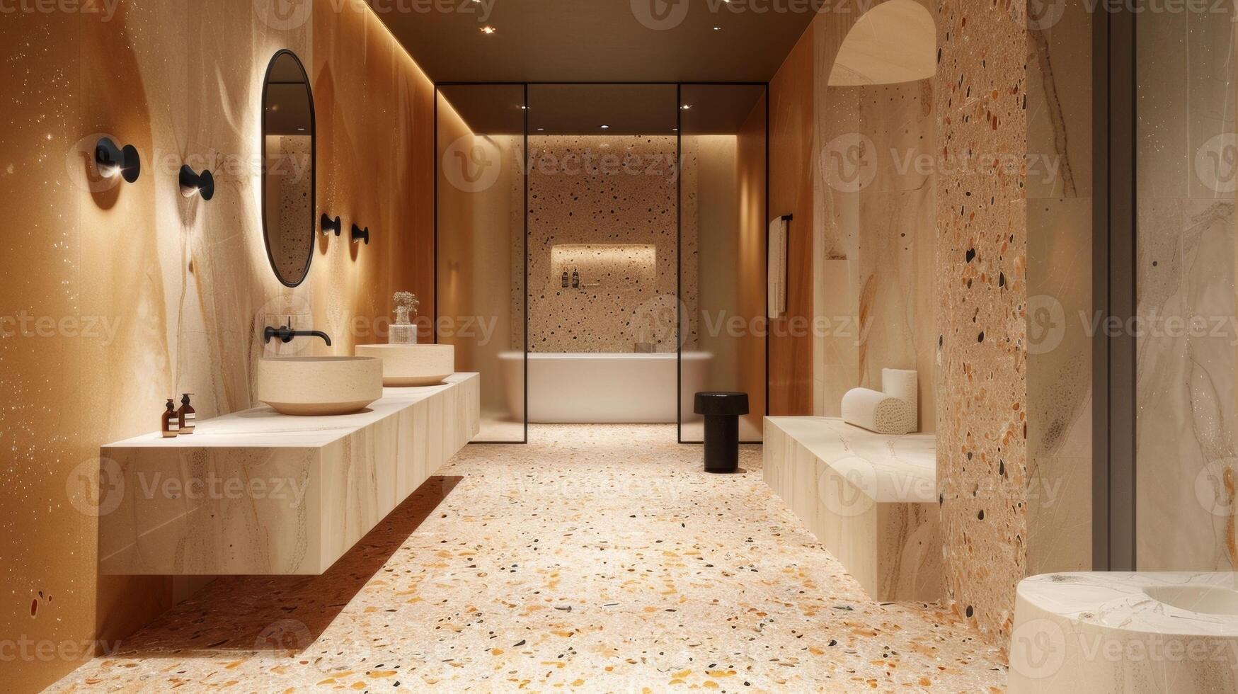The bathroom at Luxury Rewritten exudes a spalike ambiance with its opulent Terrazzo flooring. The neutral tones of the marble create a soothing and calming atmosphere while the gleaming photo