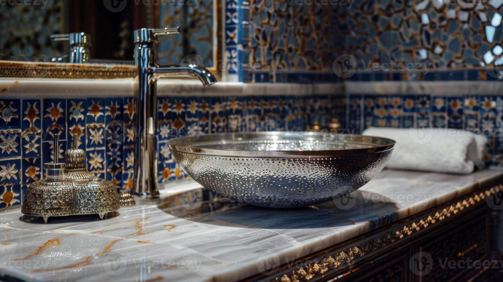 In the bathroom a hammered metal sink sits atop a marble countertop surrounded by intricately patterned tiles in shades of blue and gold. The walls are lined with mosaic tiles adding photo