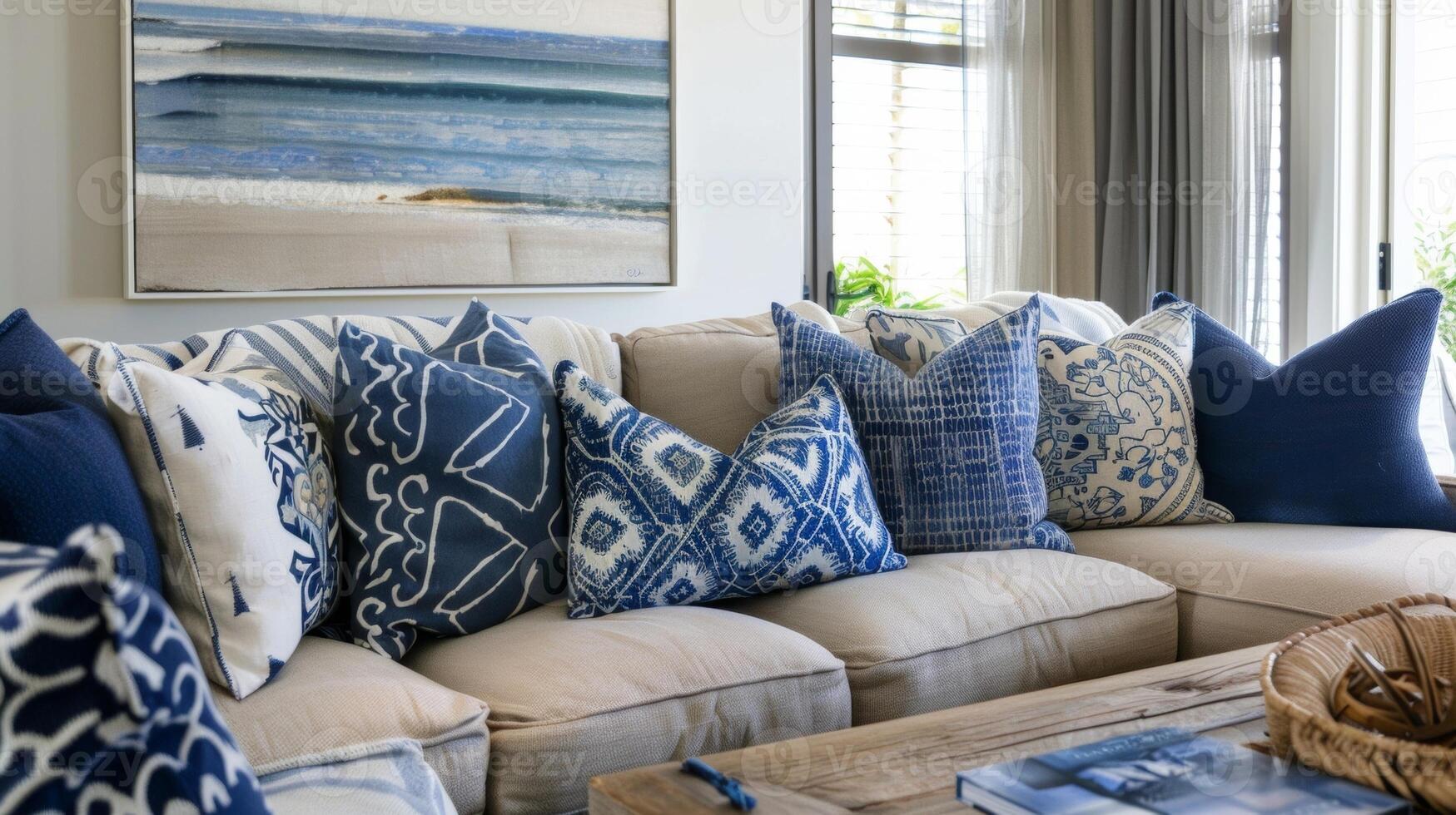 A large oversized armchair sits in the corner its light wood frame accented with plush cushions in shades of navy and ocean blue. Toss pillows with nauticalinspired patterns complete photo