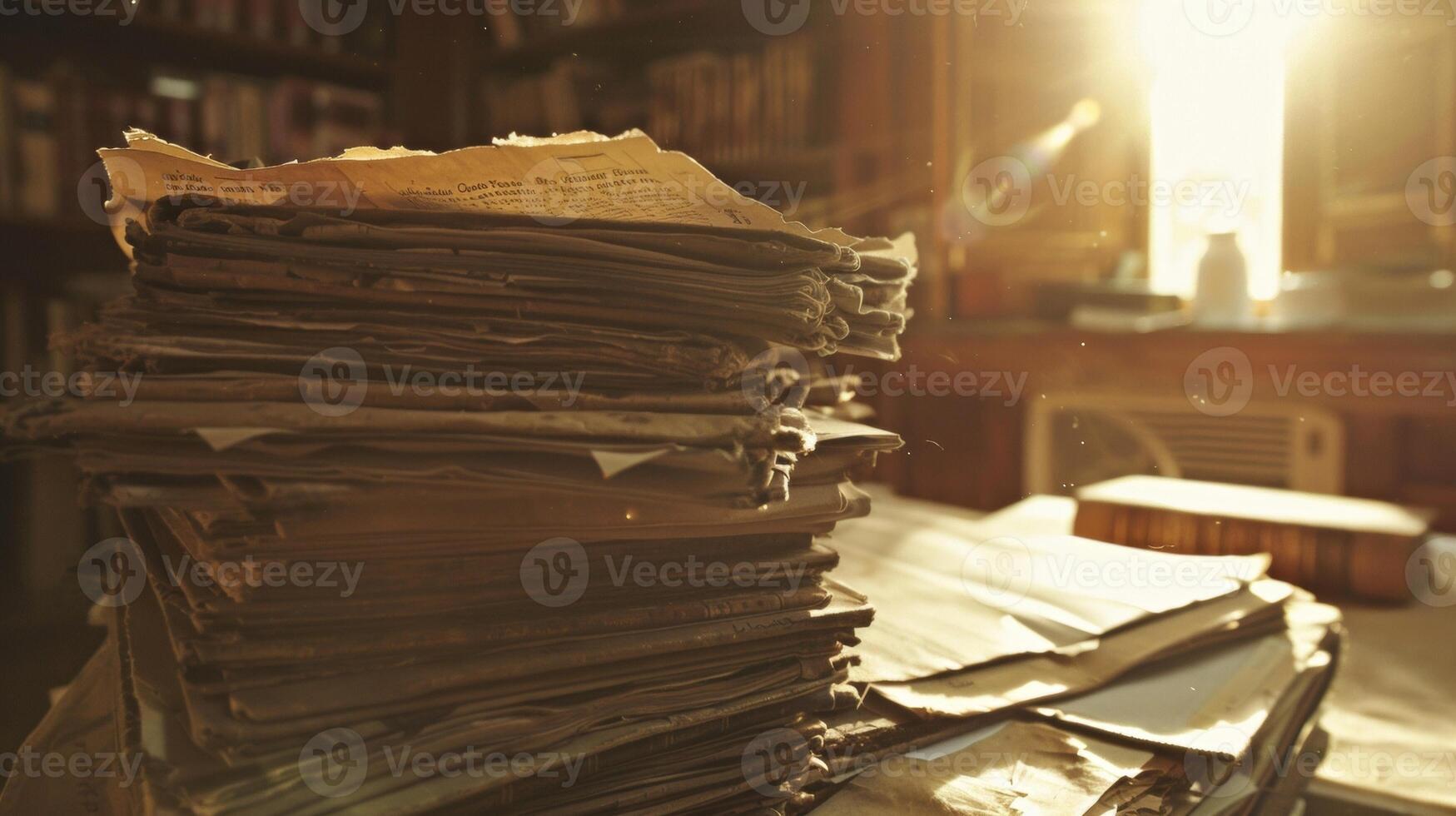 As the afternoon light streams through the small window the historian pores over a pile of dusty documents determined to unearth the hidden gems within. The serene silence of the archive photo