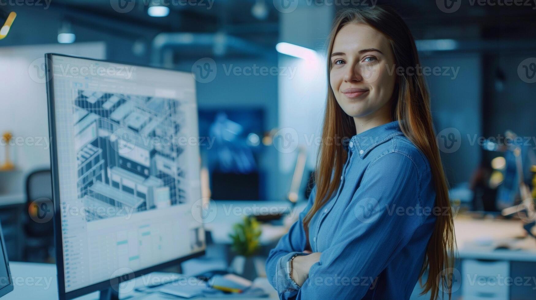 A young designer poses confidently next to a large monitor proudly showcasing a virtual tour of their latest project a beautifully designed and technologically advanced office space. photo