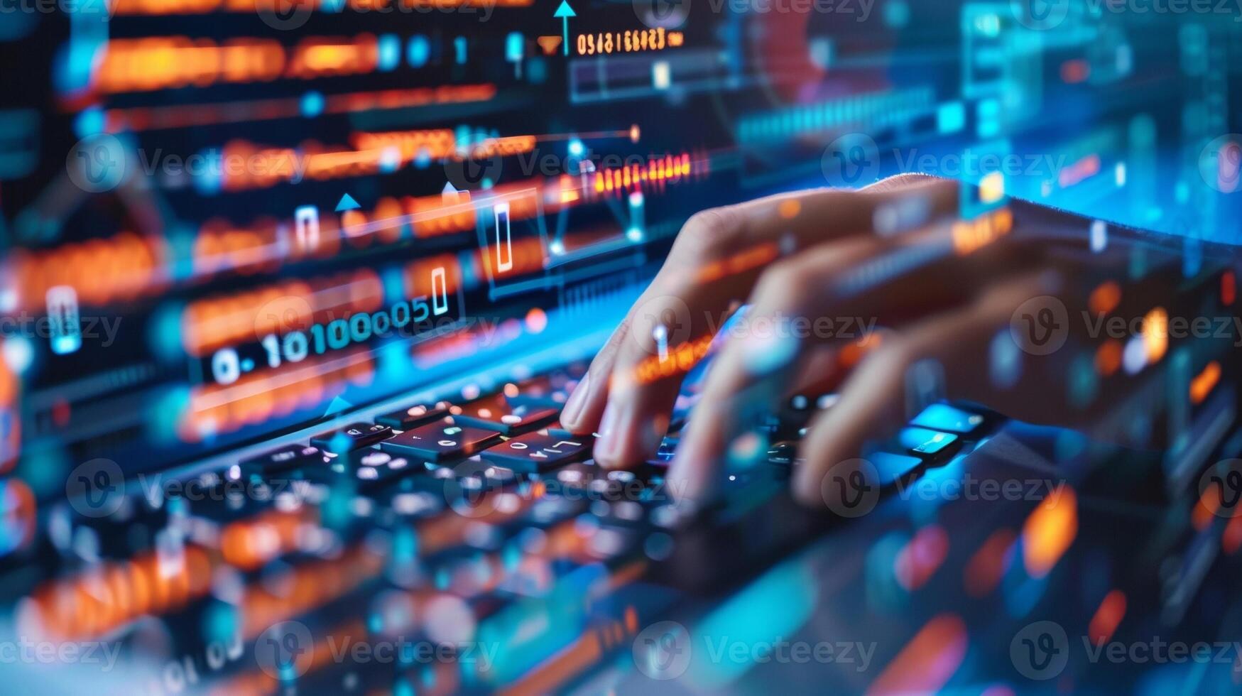 A closeup of a hand typing rapidly on a keyboard with intricate coding and encryption displayed on the computer screen demonstrating the crucial role of IT spets in keeping sensitive photo