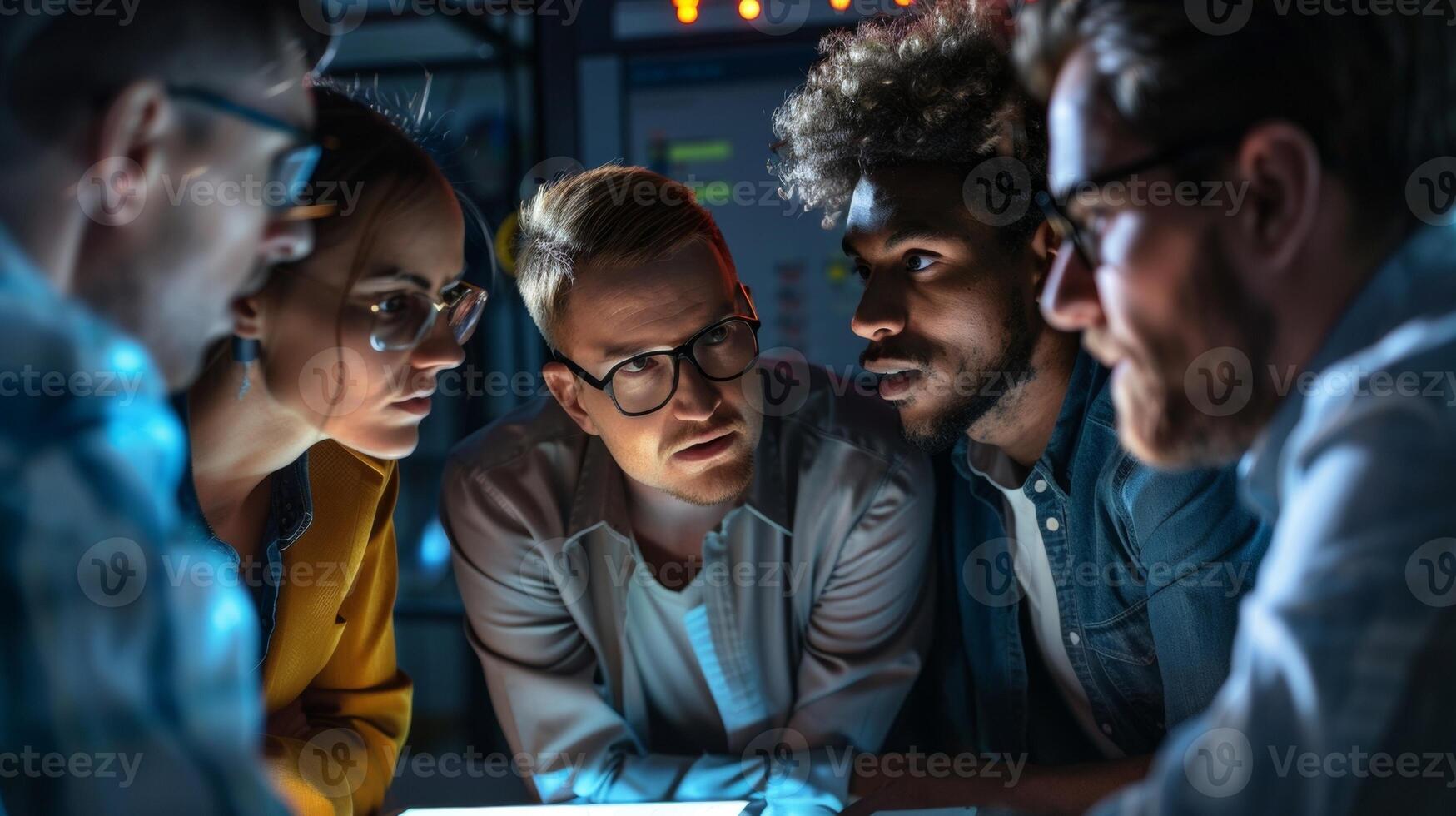 A group of IT spets huddled together in an intense discussion brainstorming solutions to a technological crisis. The dim lighting and serious expressions on their faces convey the photo