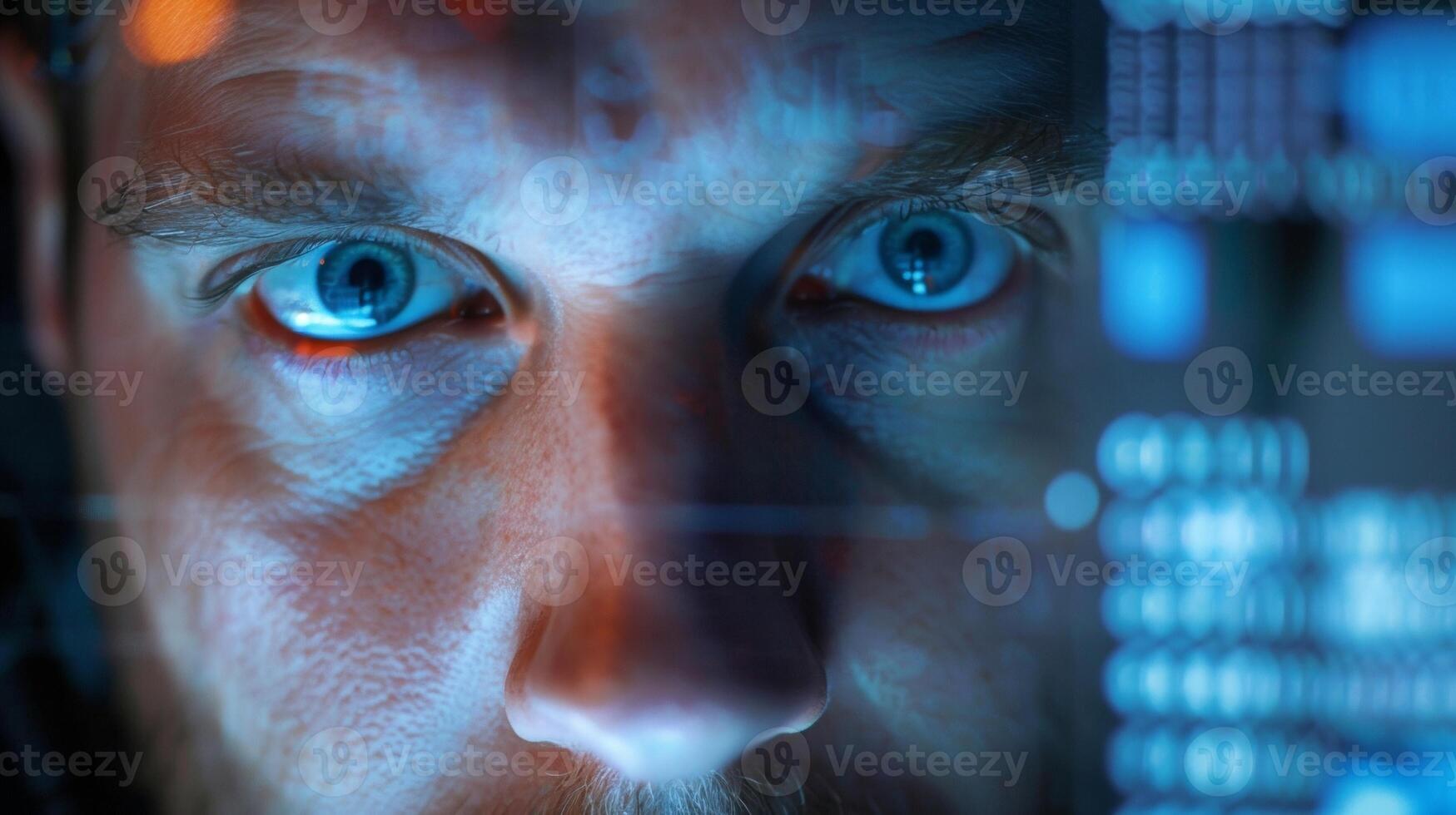A closeup of an IT professionals face reveals their focus and determination as they navigate a complex computer program unpuzzling a technological issue that has stumped others. With photo
