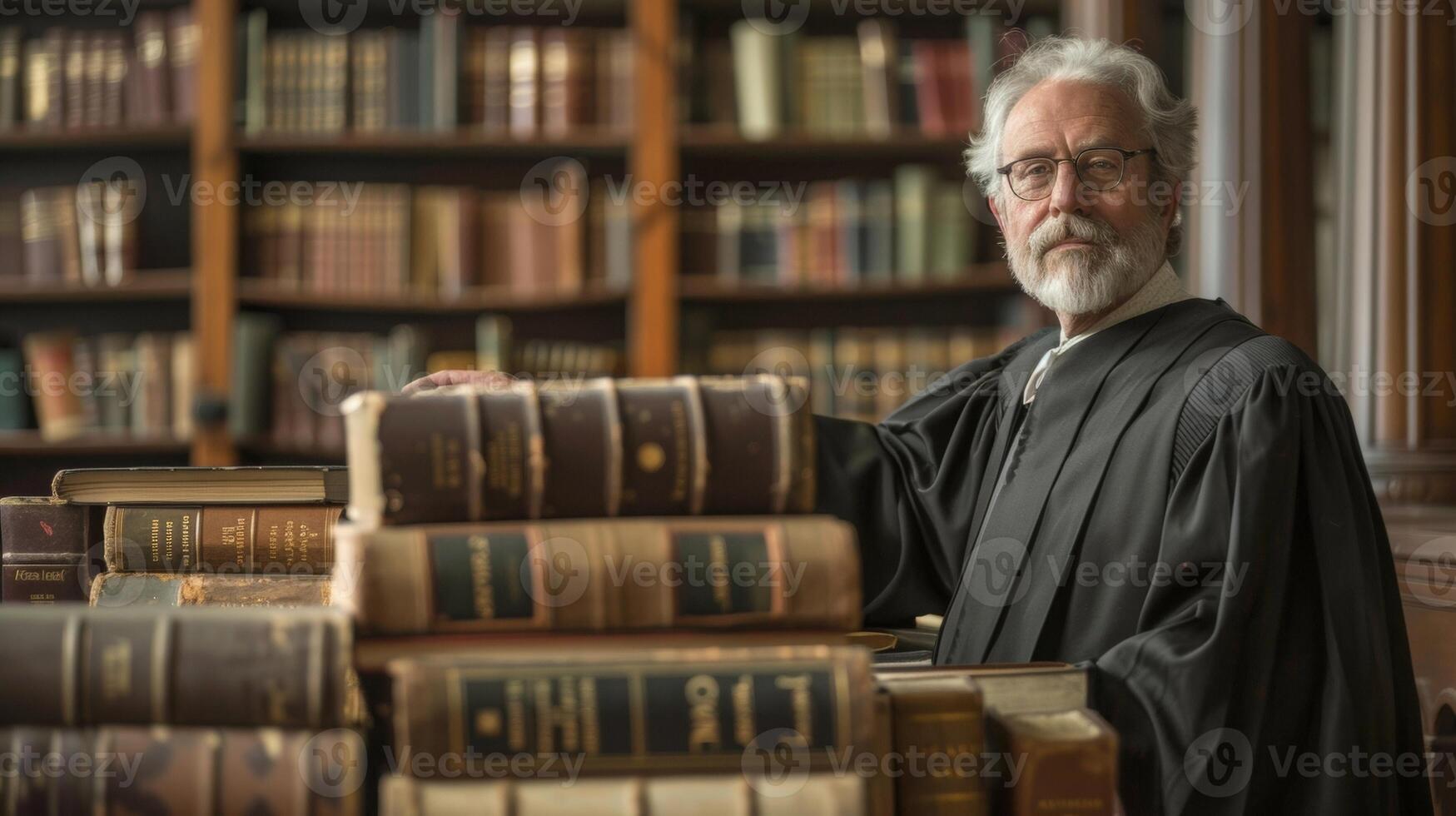 Standing tall amidst a sea of books and legal documents the weathered face of a wise judge reflects years of upholding the law with integrity and sound judgment. photo