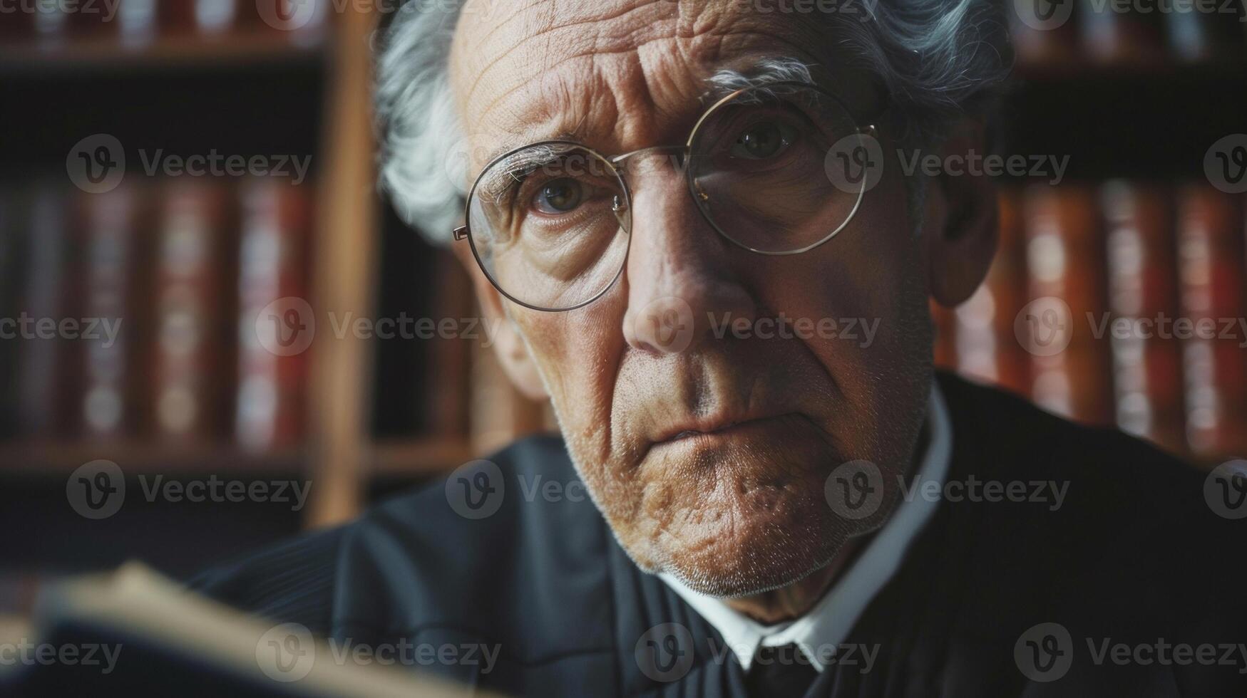 The trating gaze of a senior judge captures the essence of their vast knowledge and experience a symbol of the firm and wise hand of justice. photo
