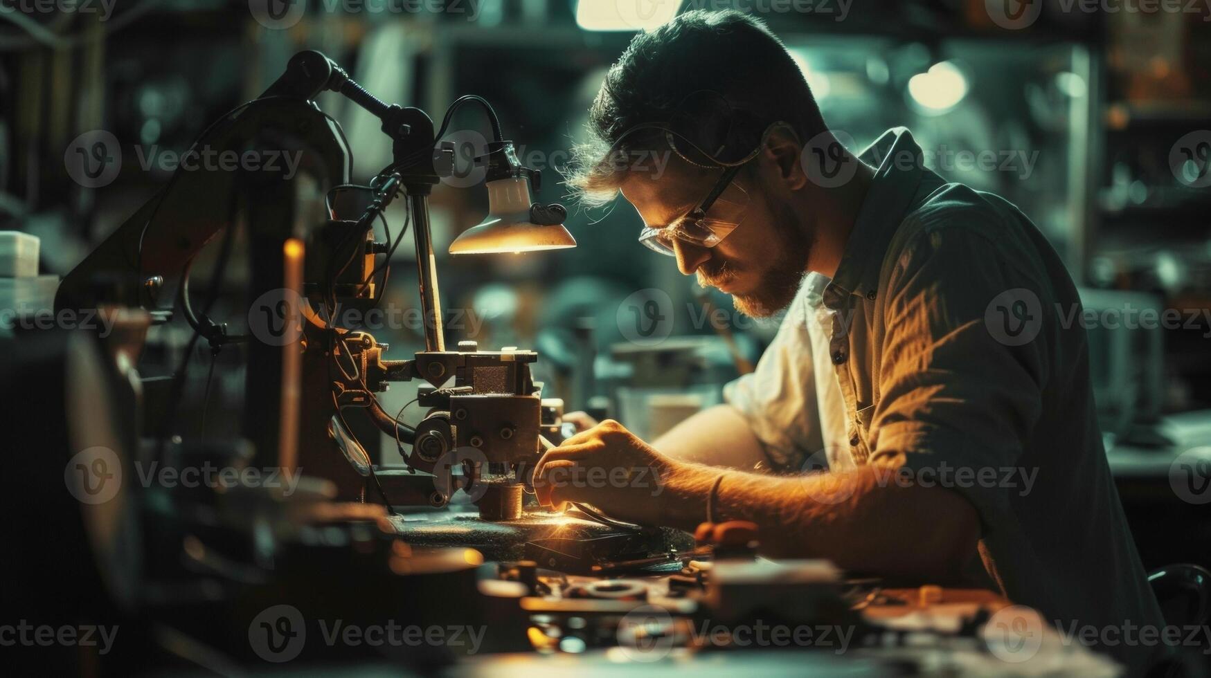 In a dimly lit workshop the focused eyes of a machinist inspect the delicate connections of a newly crafted mechanical arm a testament to their precision and skill. photo