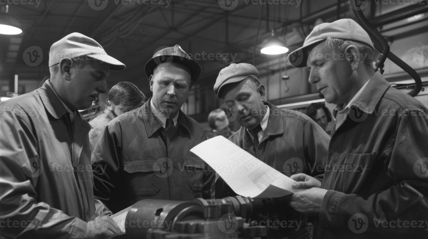 A group of machinists huddled together discussing blueprints and measurements amidst the clang of metal and hum of machines in a bustling factory. photo