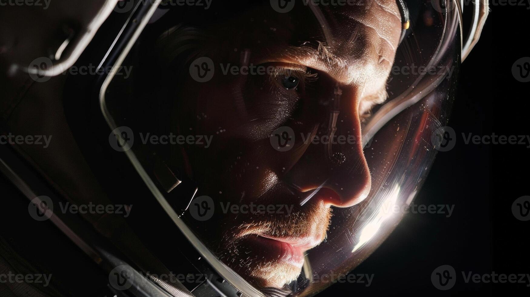 In the face of the unknown a determined astronaut peers through their visor the intensity of their determination shining clear in the shadows. photo