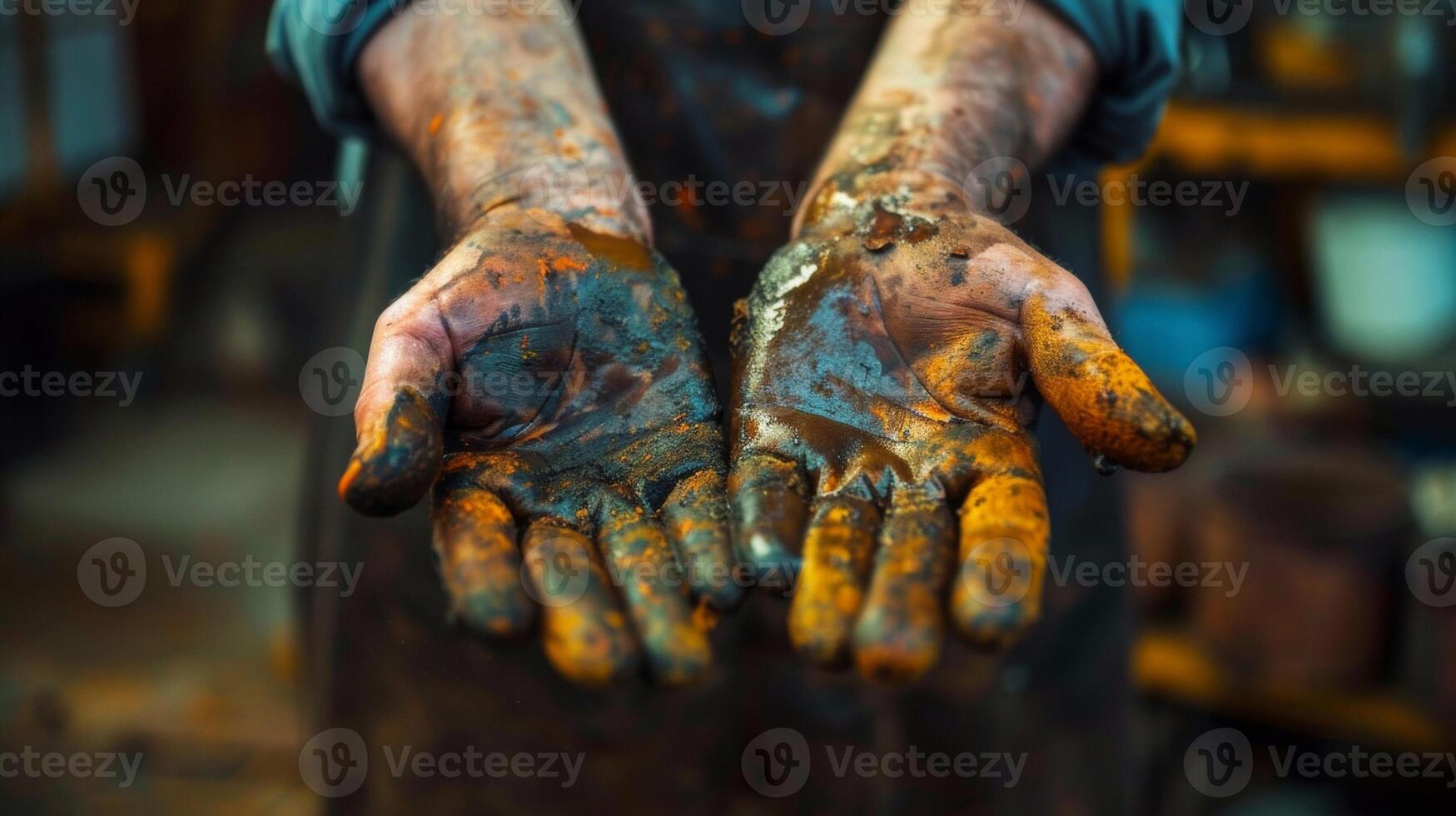 A portrait of a craftsmans hands covered in oil and grease showcasing the dedication and precision needed to create intricate parts. photo