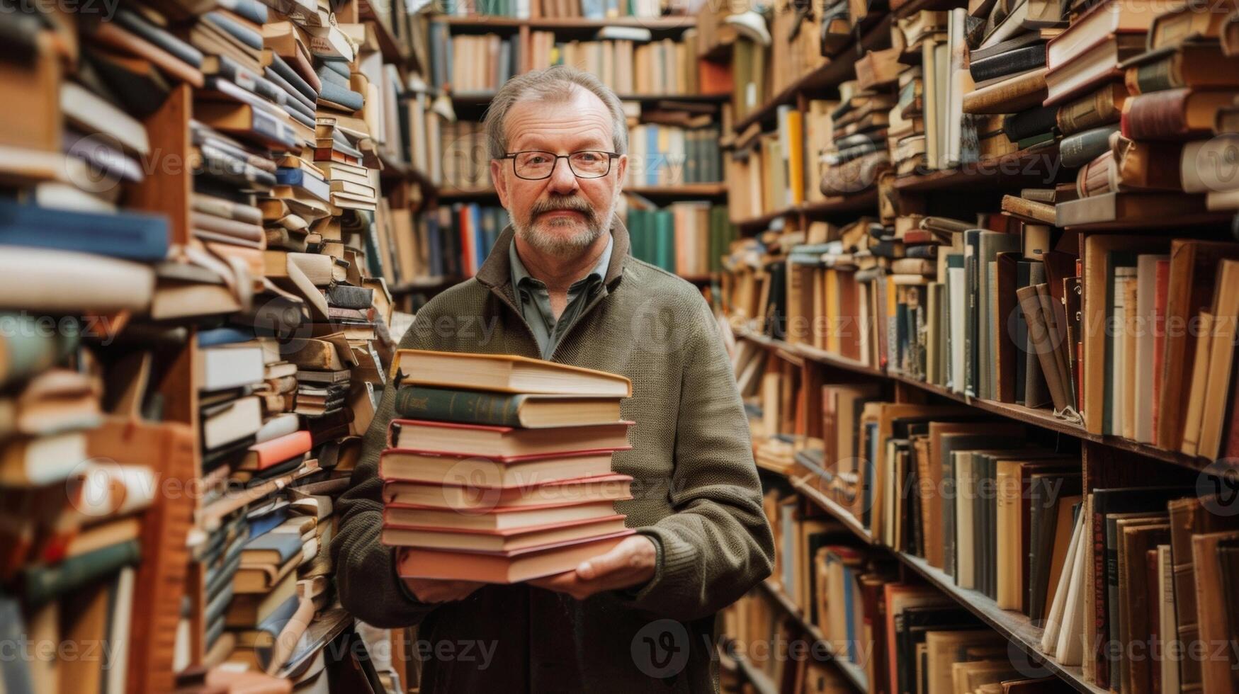 A portrait of a Linguist holding a stack of books surrounded by shelves filled with references on language history illustrating their vast knowledge and expertise in the field. photo